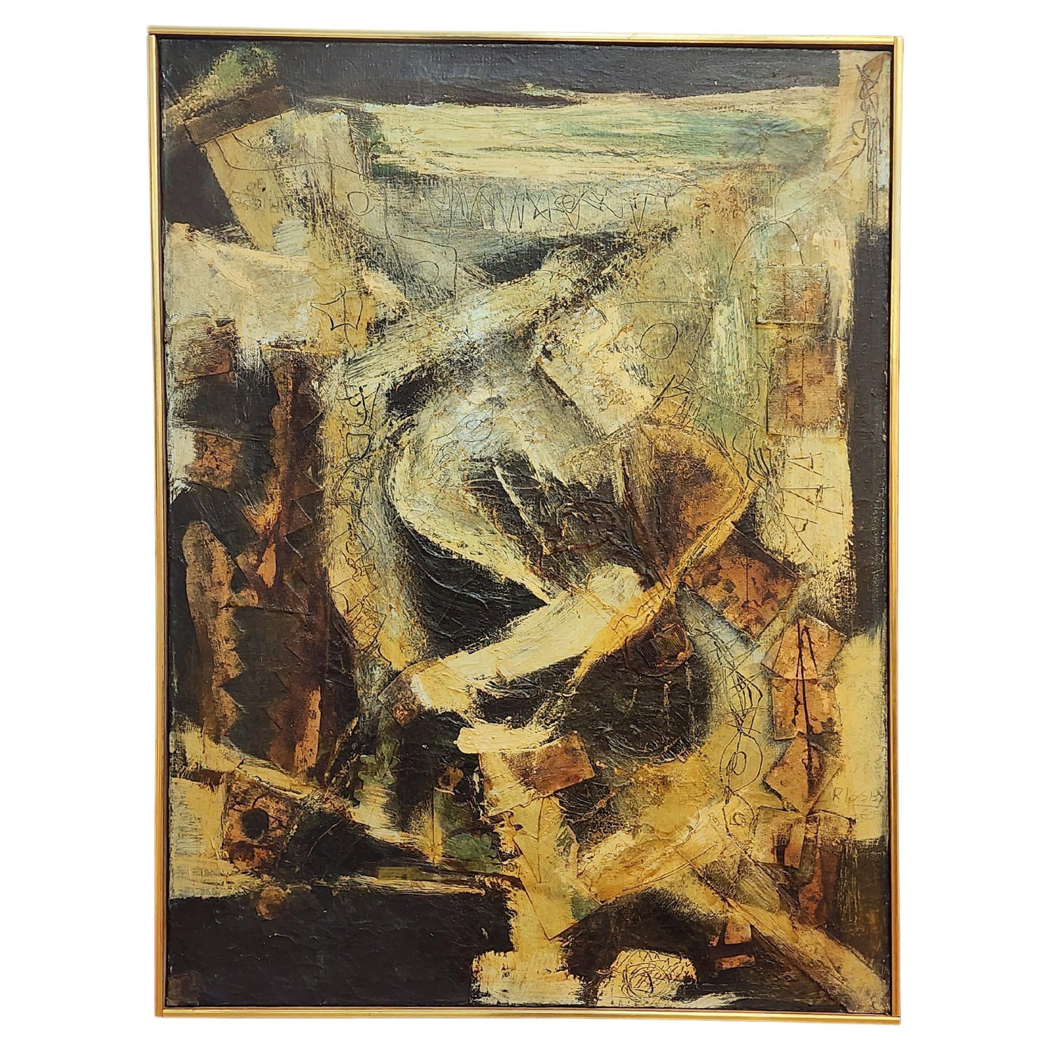 Signed Castro Abstract Expressionist 1960s Latin American Oil Painting Collage