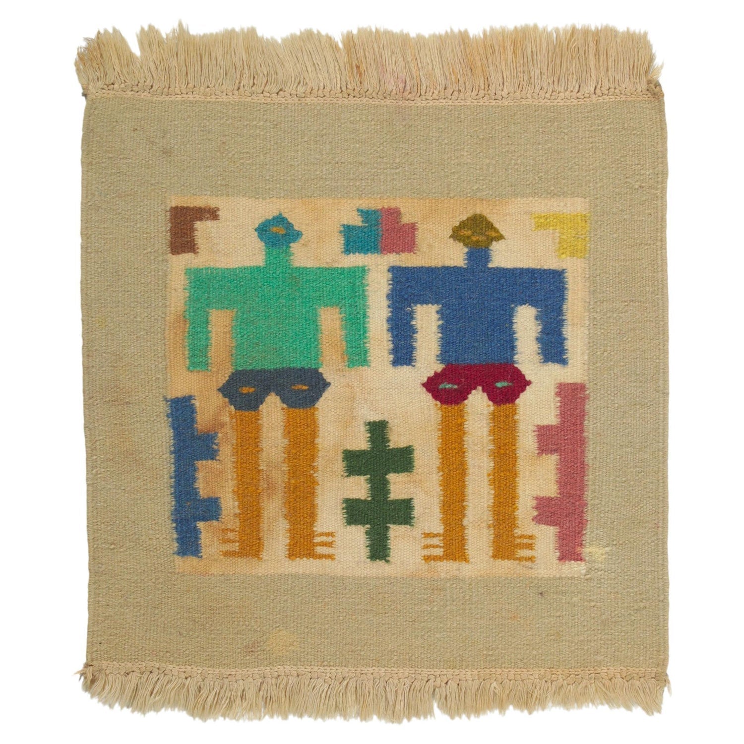 Vintage Handwoven Tapestry Wool Folk Art Rug Weaving Pillow or Wall Hanging