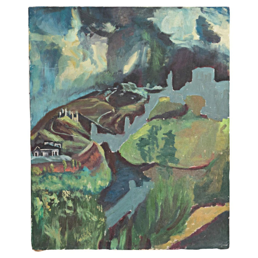 1950's Mid Century French Modernism Abandoned Fiat Automobile Art  Oil Painting