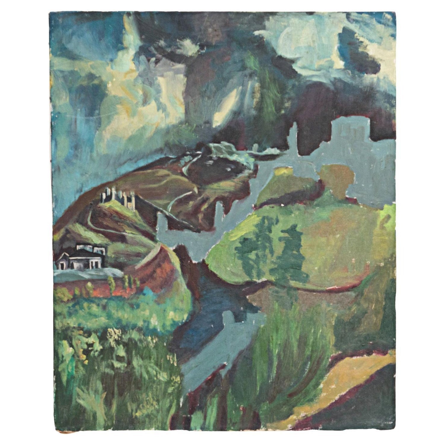 1950's Mid Century French Modernism Abandoned Fiat Automobile Art  Oil Painting