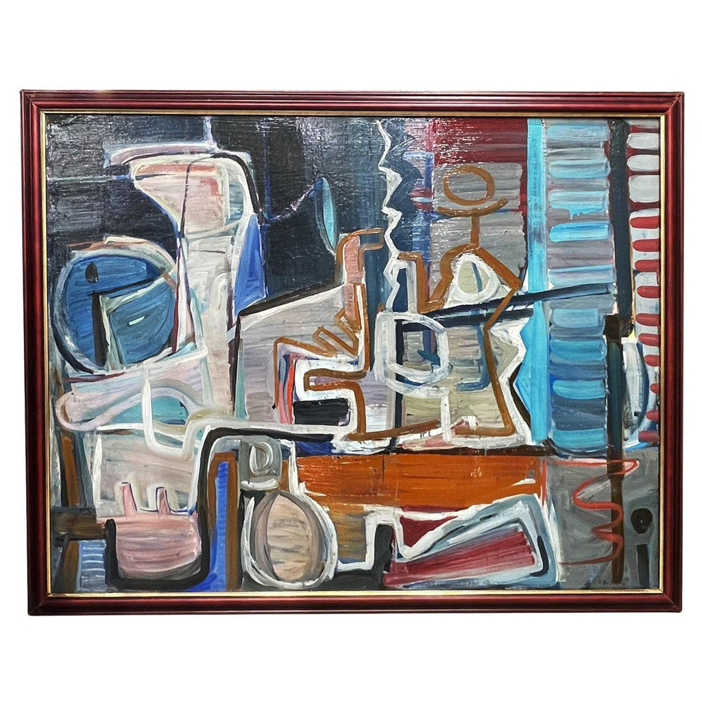 1950's Mid Century French Modernism Abandoned Fiat Automobile Art  Oil Painting