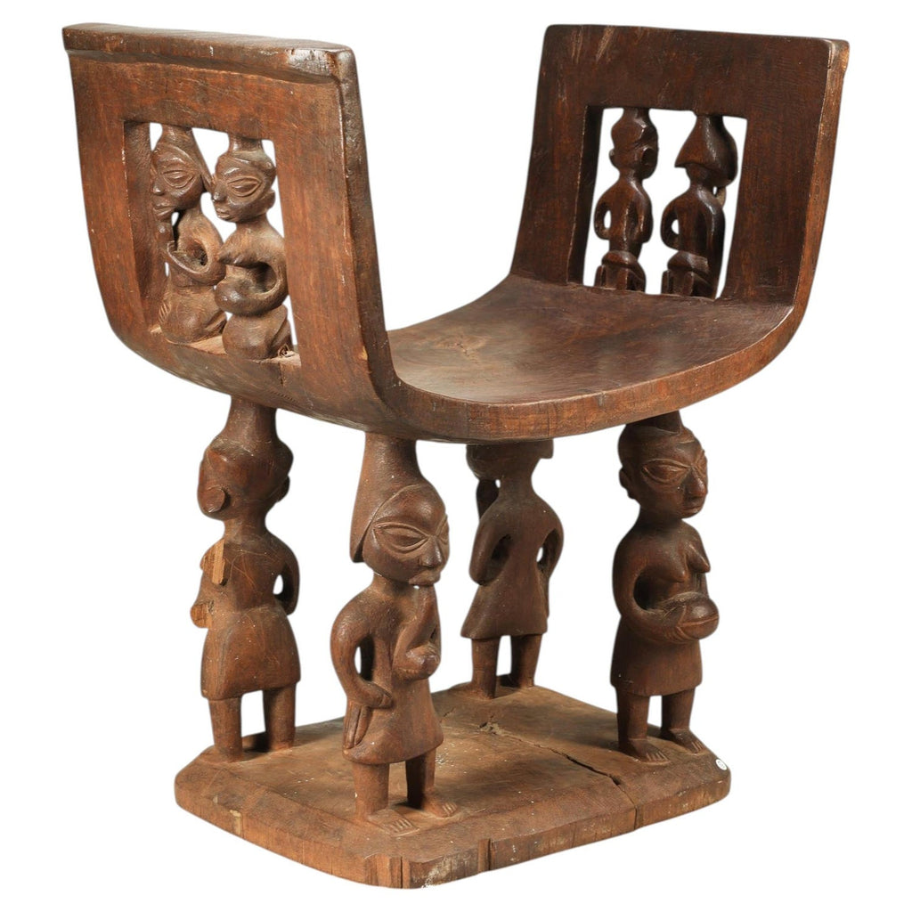 Rare African Solid Benin Bronze Ceremonial Throne Chair Multi Figure Sculpture