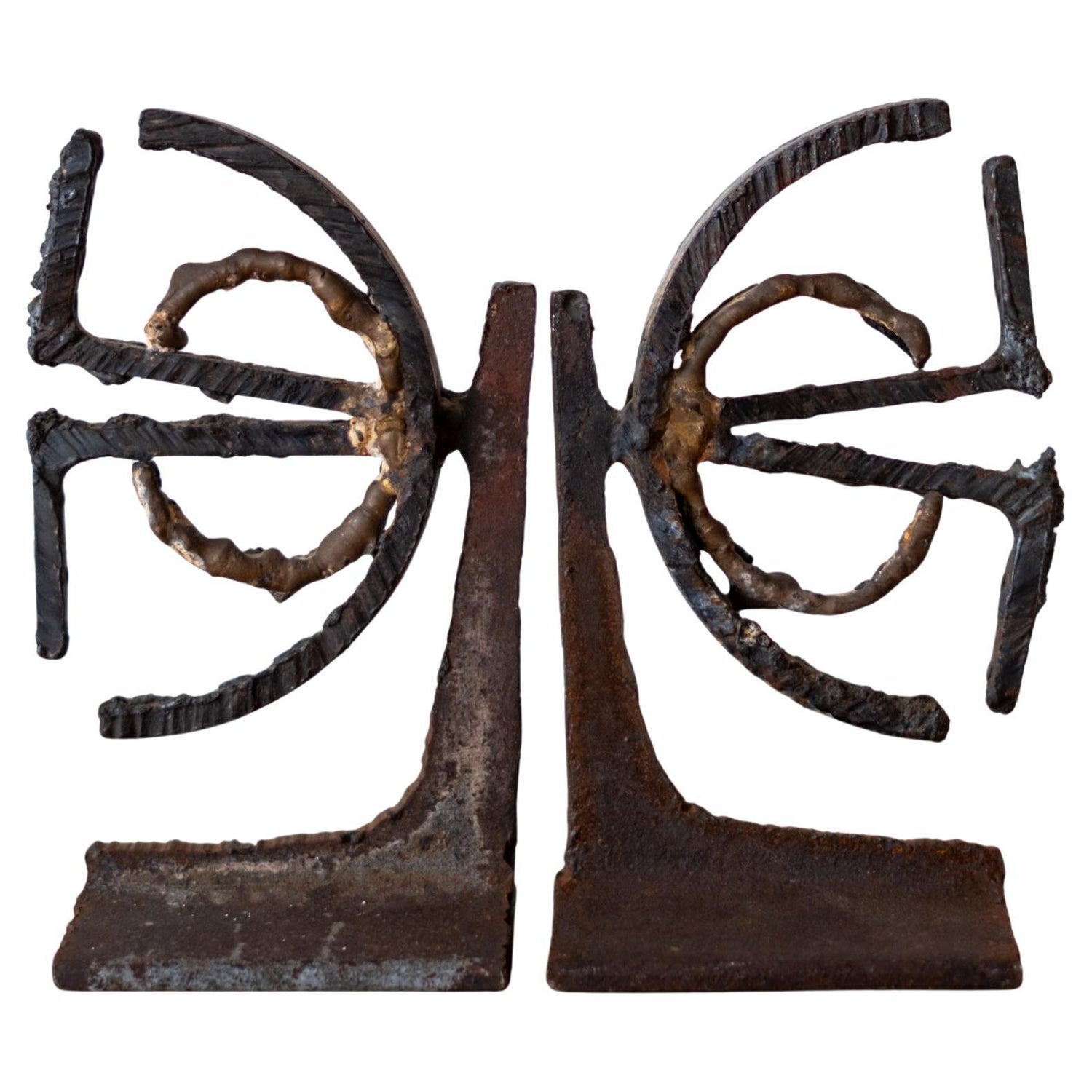 Modernist Brutalist Hand Forged Iron Bookends Sculpture Israeli David Palombo