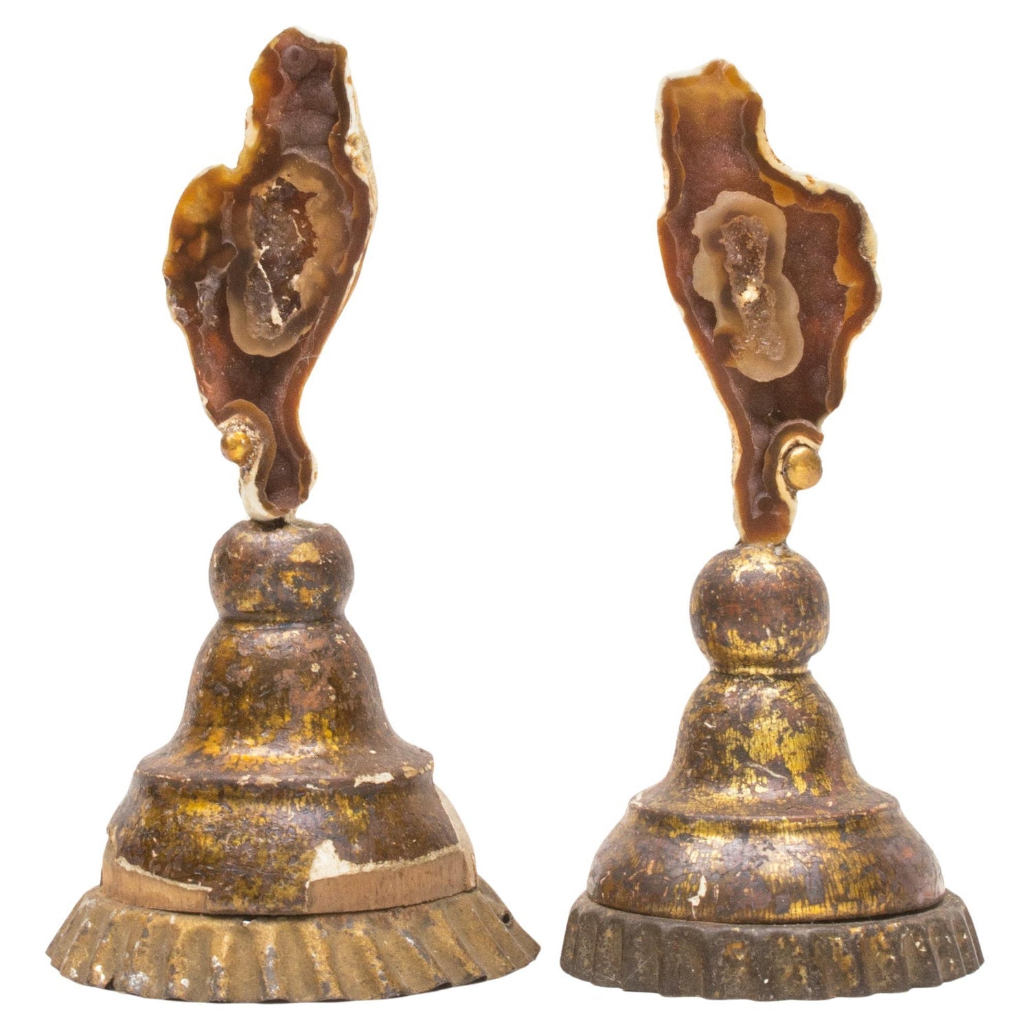 1970s French Brass & Raw Mineral Agate Specimen Sculpture Art Candlesticks Pair