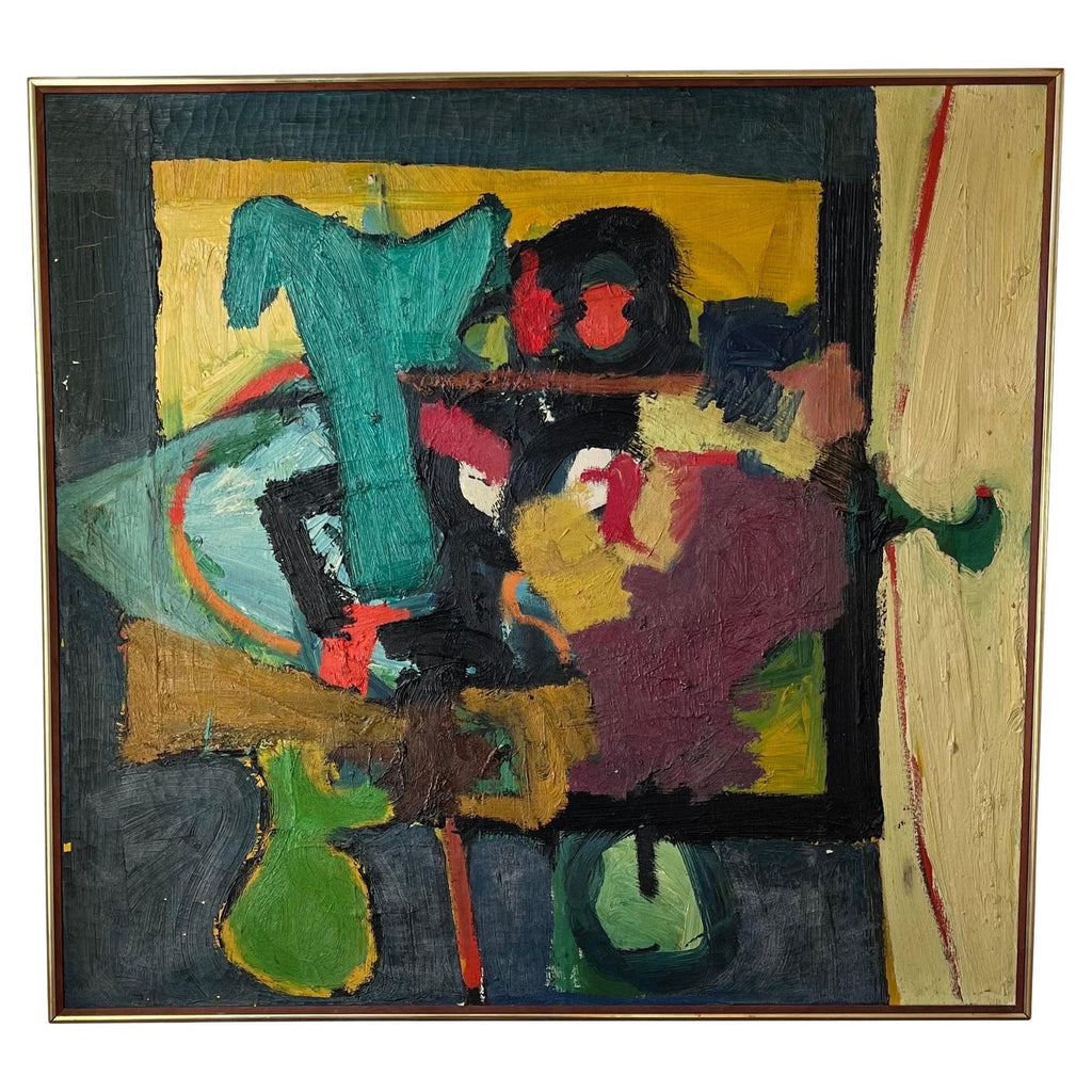 1950's Mid Century French Modernism Abandoned Fiat Automobile Art  Oil Painting