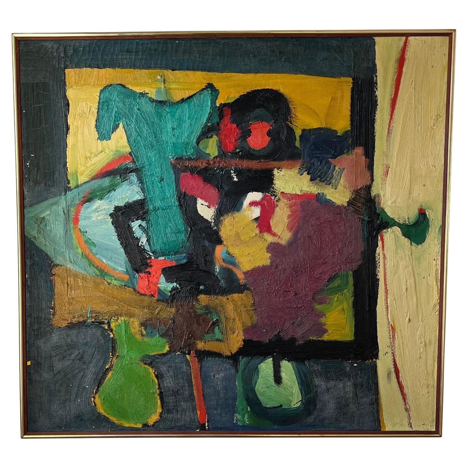 1950's Mid Century French Modernism Abandoned Fiat Automobile Art  Oil Painting