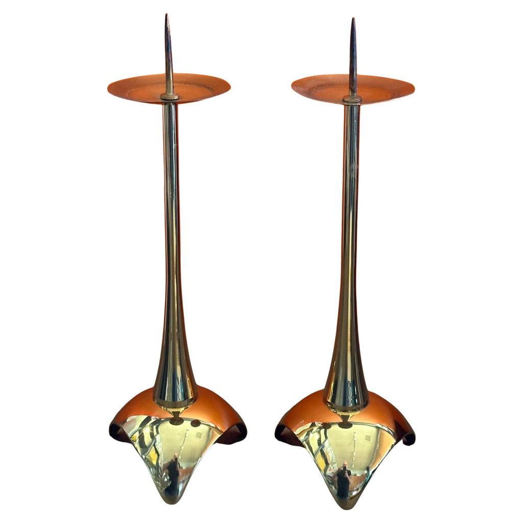 French Gilt Gold Sculpture Sputnik Space Age Post Modern Pair Candlesticks