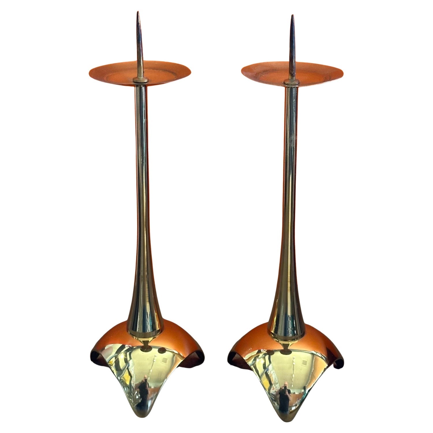1970s French Brass & Raw Mineral Agate Specimen Sculpture Art Candlesticks Pair