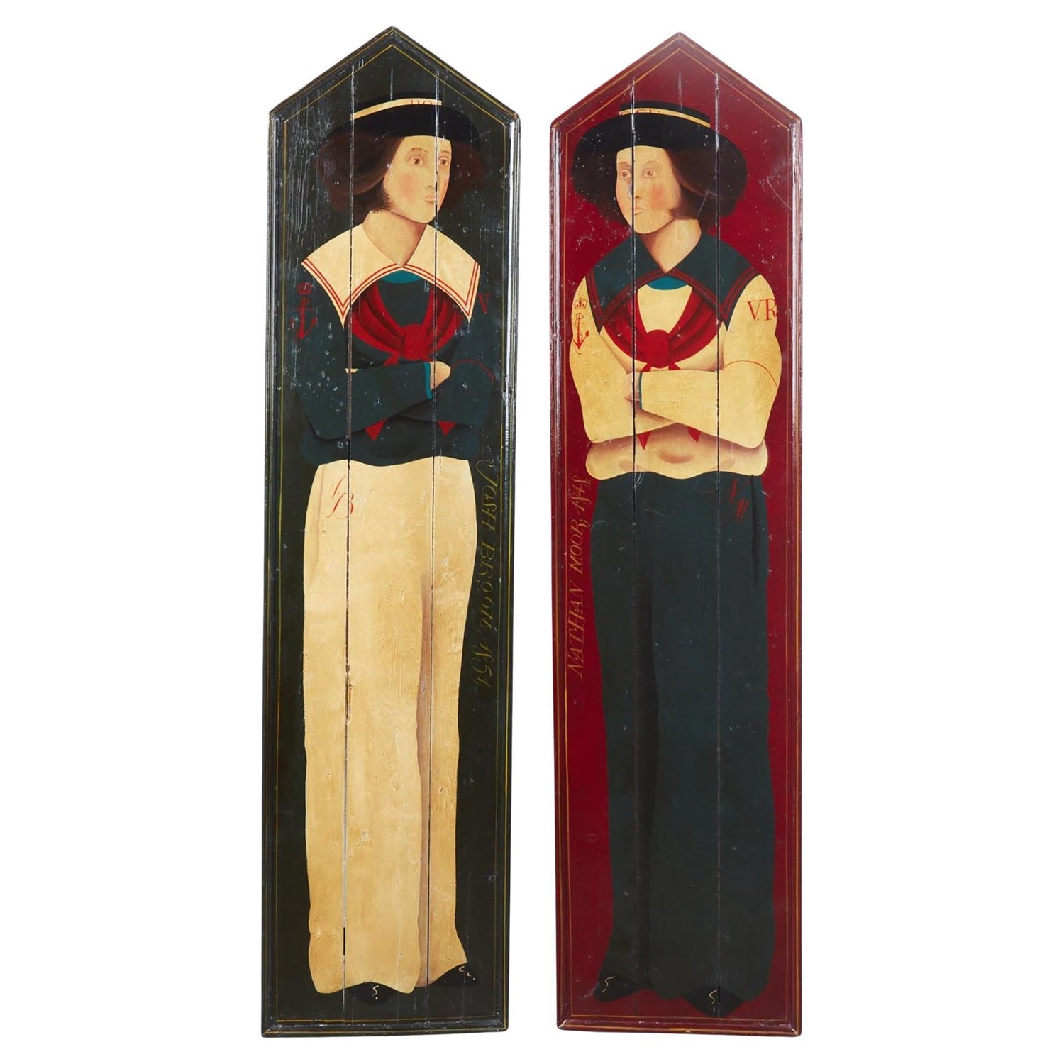 Hand Carved Painted Wood Folk Art Americana Sculpture Pair American Gothic