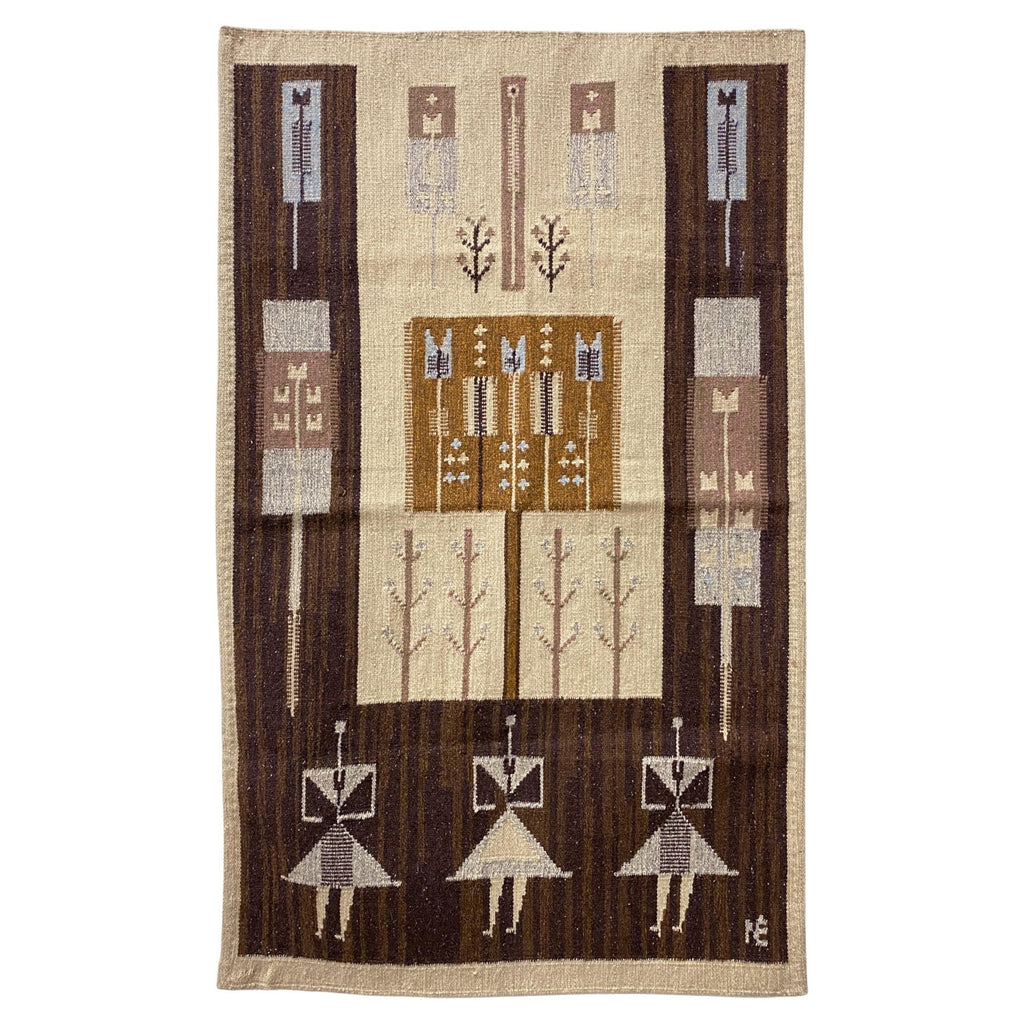 Vintage Handwoven Tapestry Wool, Metal Folk Art Rug Weaving Wall Hanging