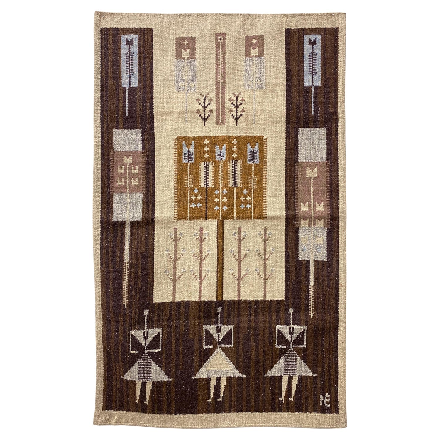 Vintage Handwoven Tapestry Wool, Metal Folk Art Rug Weaving Wall Hanging