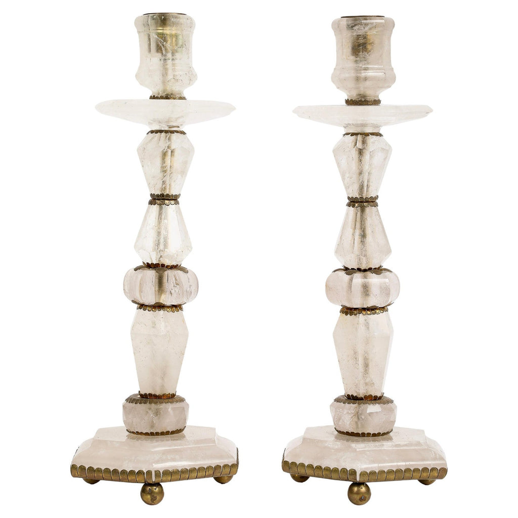 1970s French Brass & Raw Mineral Agate Specimen Sculpture Art Candlesticks Pair
