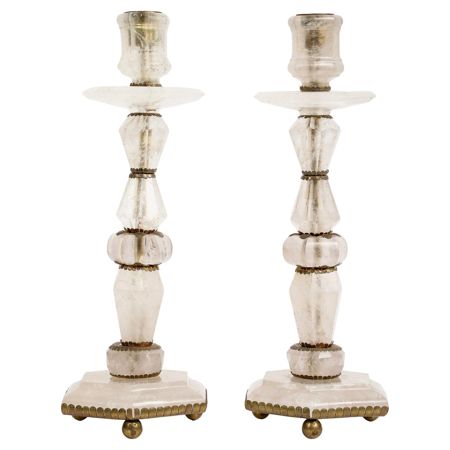 1970s French Brass & Raw Mineral Agate Specimen Sculpture Art Candlesticks Pair