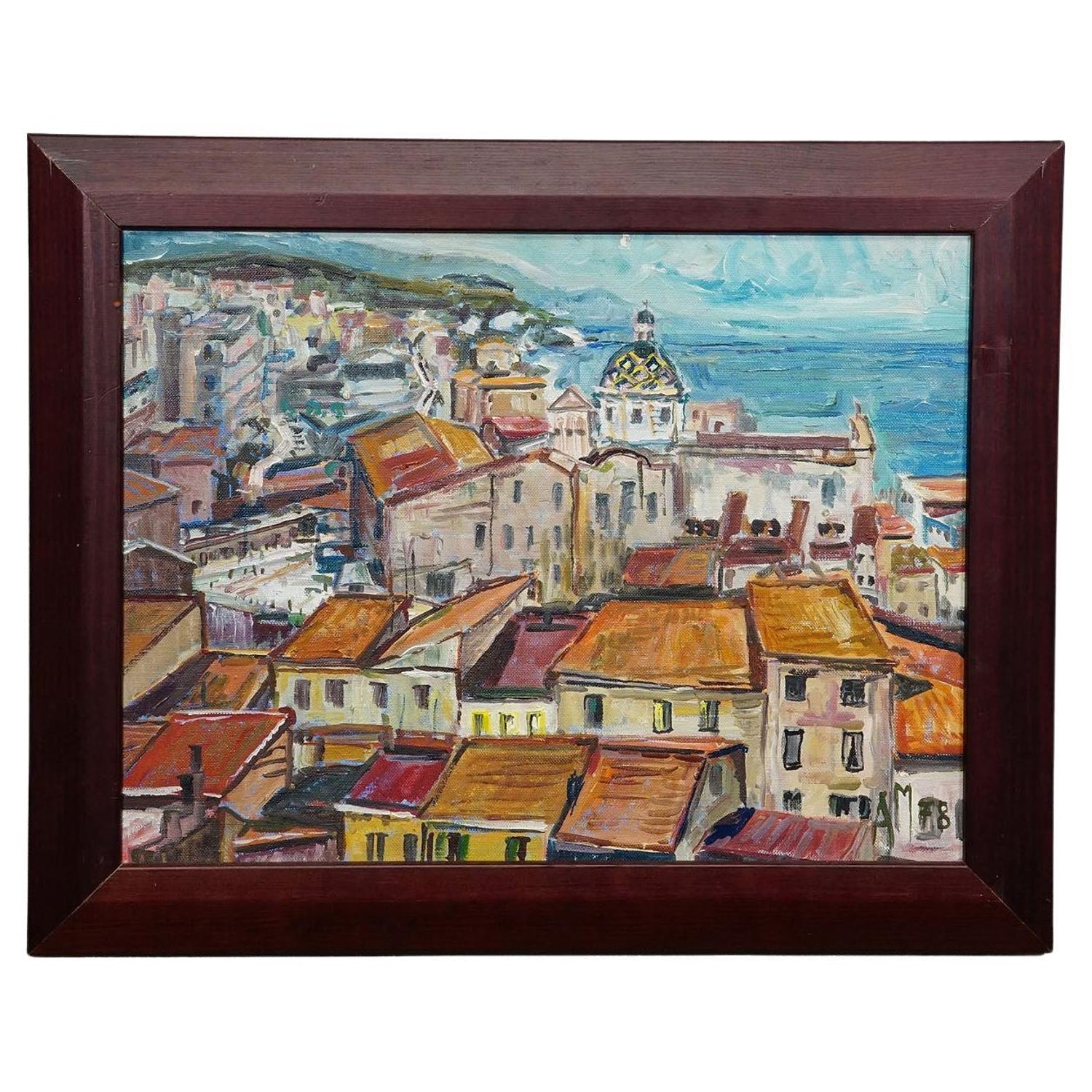 Whimsical Naive Mediterranean Seaside Interior Folk Art Oil Painting Fanch Ledan