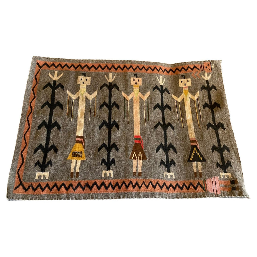 Vintage Handwoven Tapestry Wool, Metal Folk Art Rug Weaving Wall Hanging