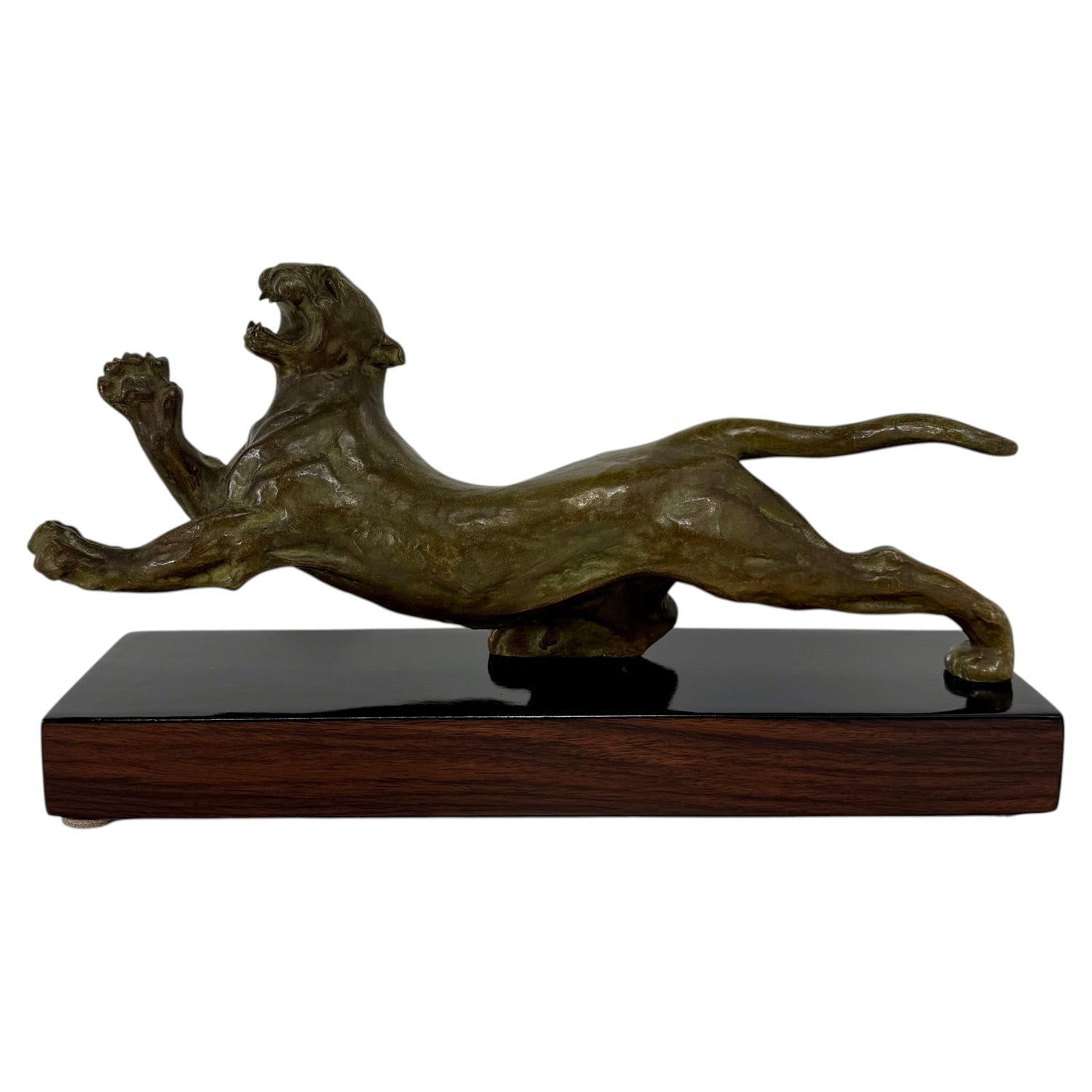 Polish Modernist Man Leaping Leopard Bronze Expressionist Art Sculpture