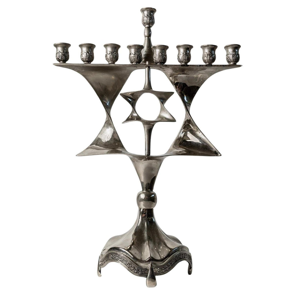 Mid Century Mod Judaica Chrome Eiffel Tower Star of David Candle Holders France