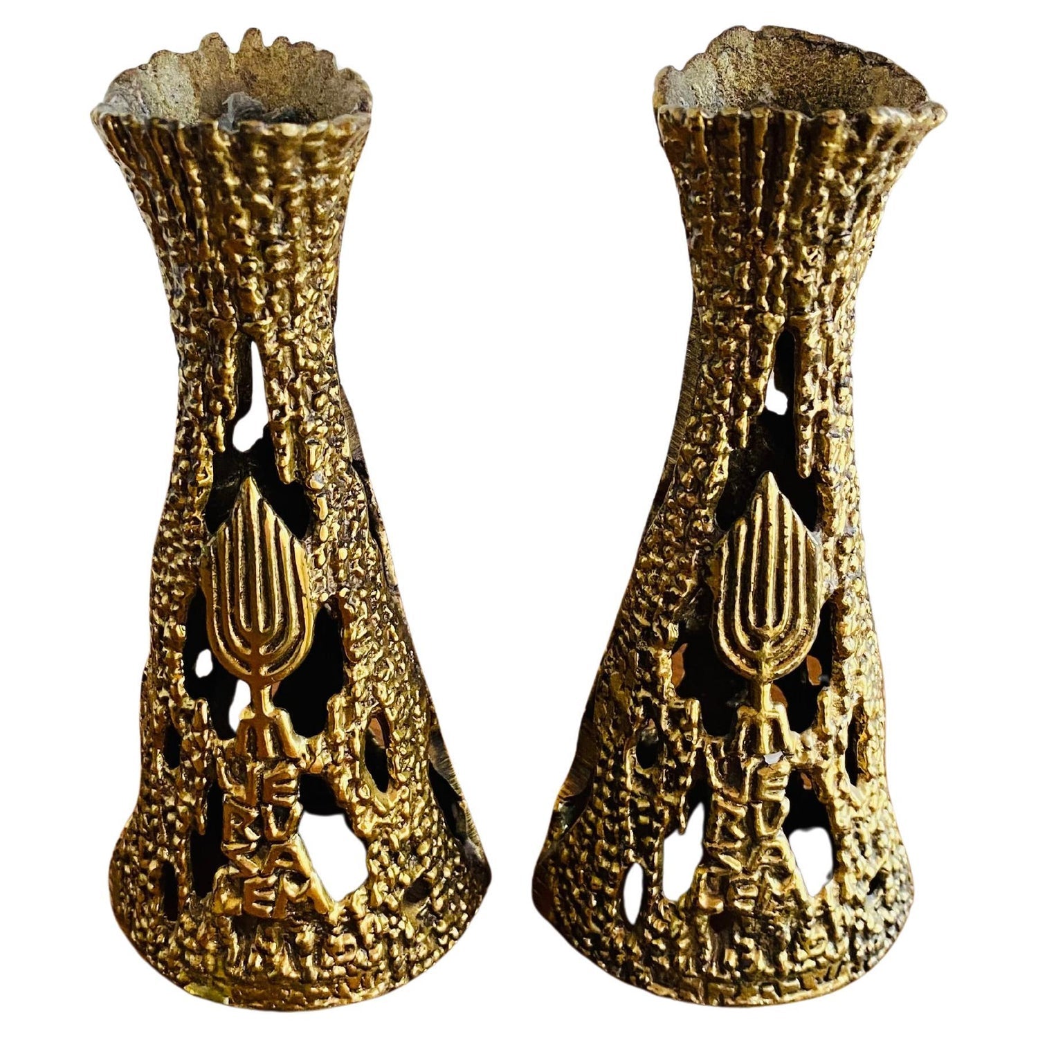1970s French Brass & Raw Mineral Agate Specimen Sculpture Art Candlesticks Pair