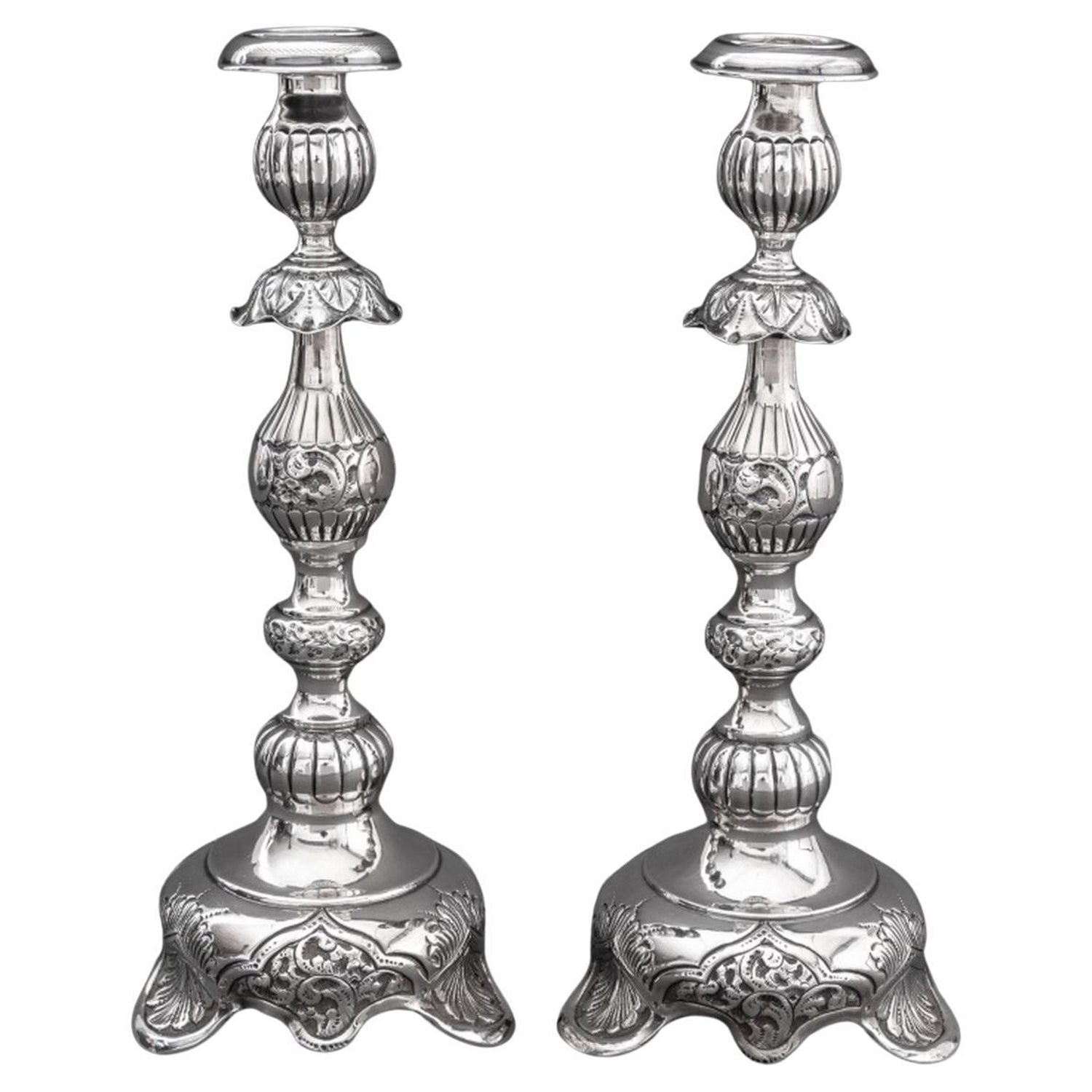 Rare 19th C. Antique Silver Judaica Shabbat Candlesticks Polish Russian, Szekman