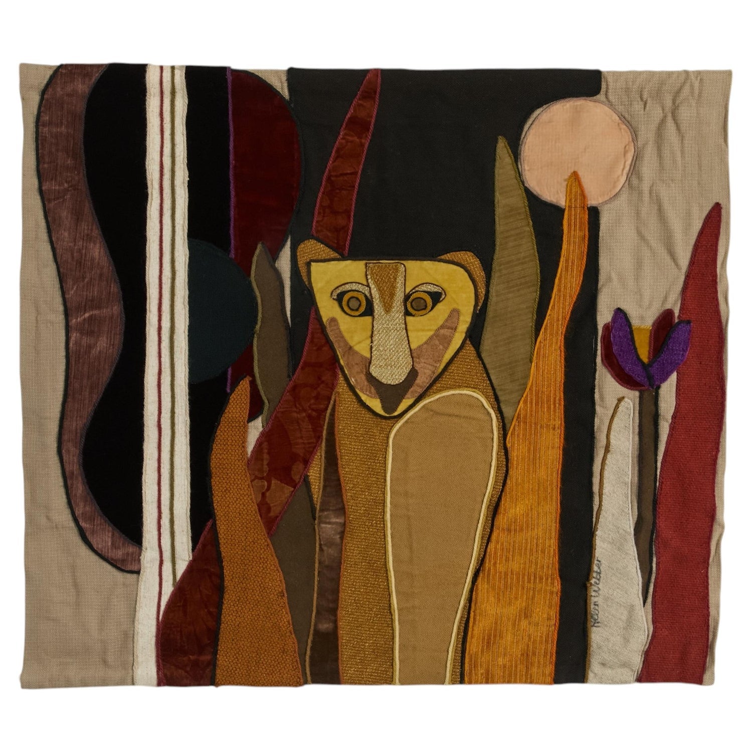 Wool Felt Applique Israeli Folk Art Lion Signed Tapestry Kopel Gurwin Bezalel