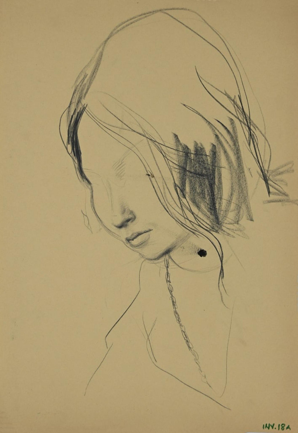 Charcoal Drawing "Waiting" Pensive Woman Americana WPA Artist