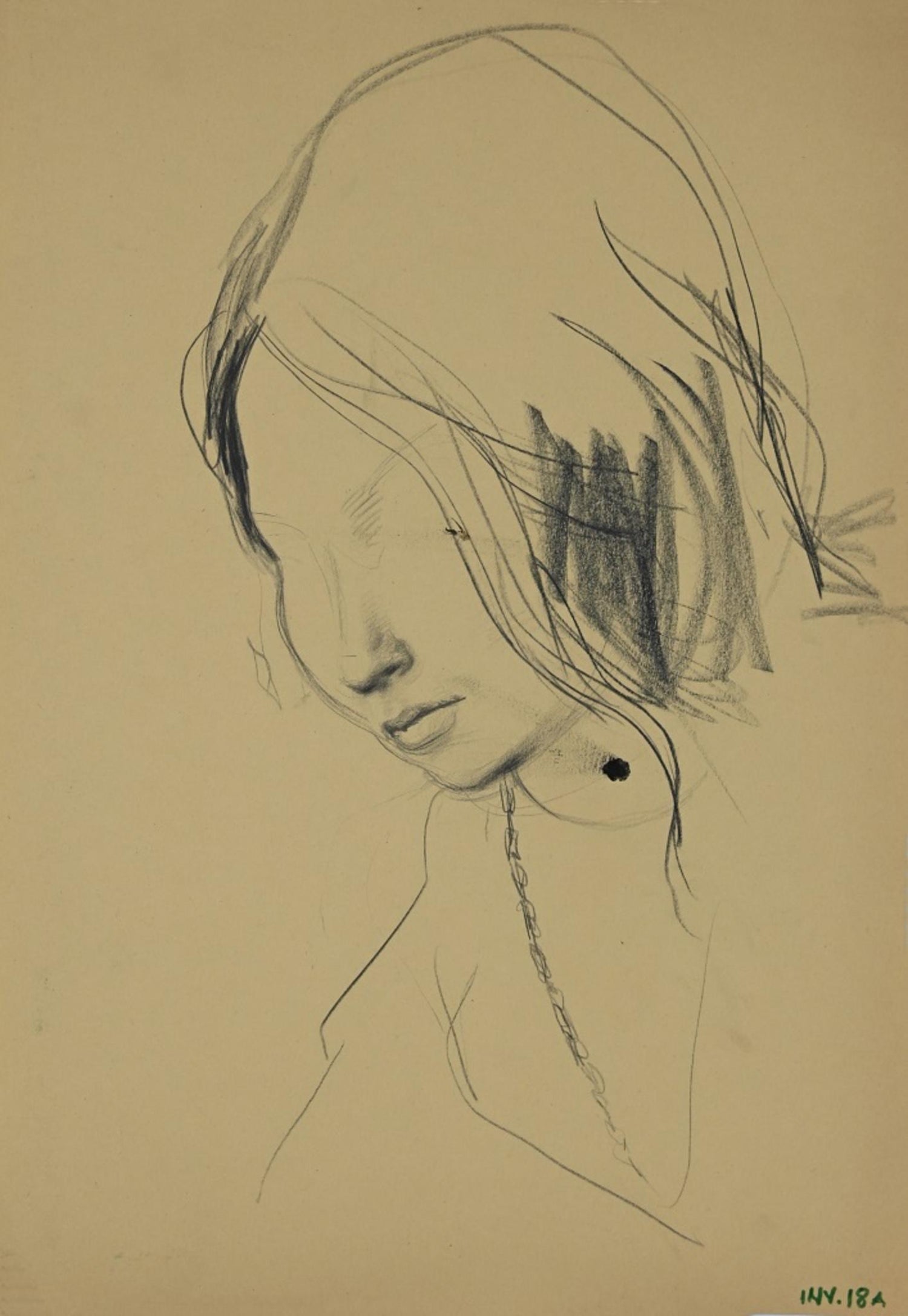 Charcoal Drawing "Waiting" Pensive Woman Americana WPA Artist