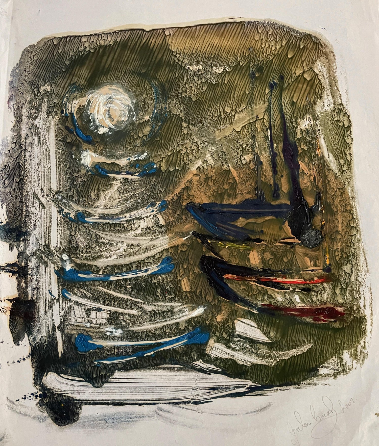 Israeli Modernist Abstract Expressionist Gouache Painting Boats
