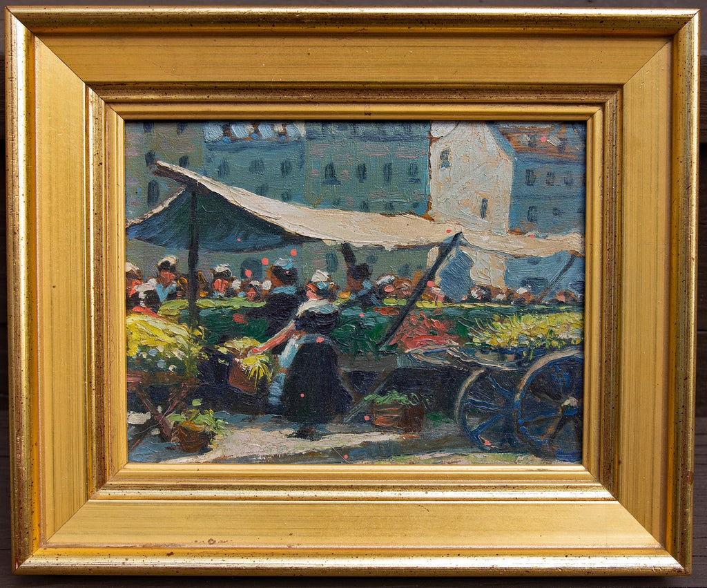 Modernist Oil Painting George Schwacha Brooklyn Street Scene Fruit Market WPA