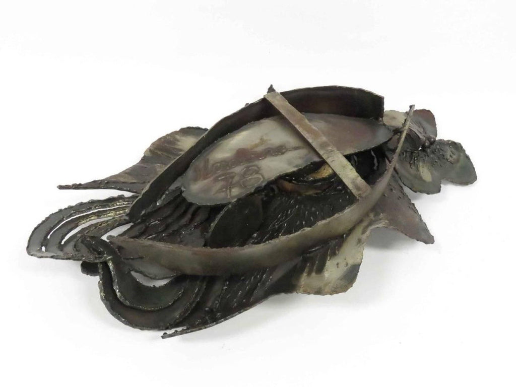 1970s French Brutalist Welded Steel and Raw Mineral Specimen Sculpture Signed