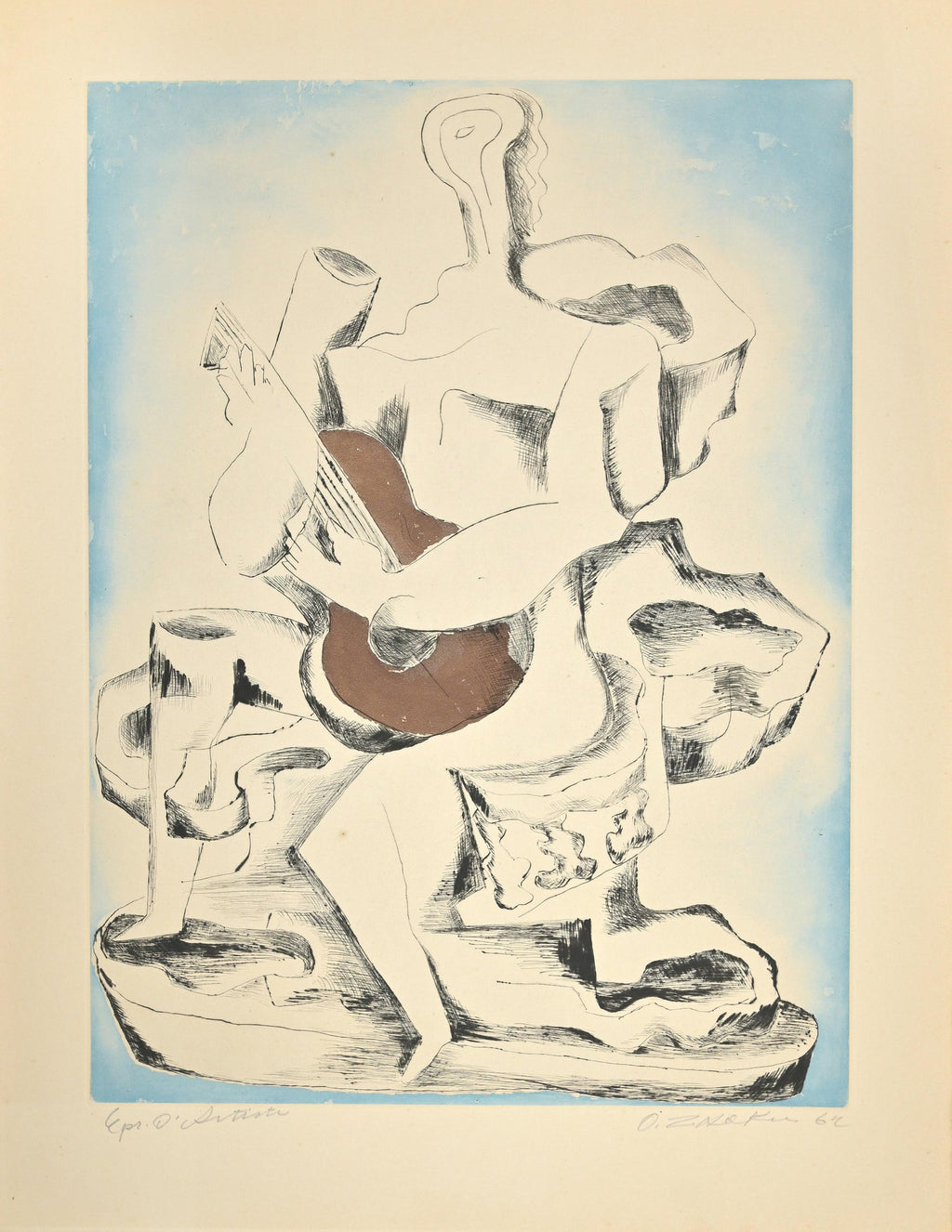 Large Cubist Modernist Color French Lithograph Zadkine Figures La Famille