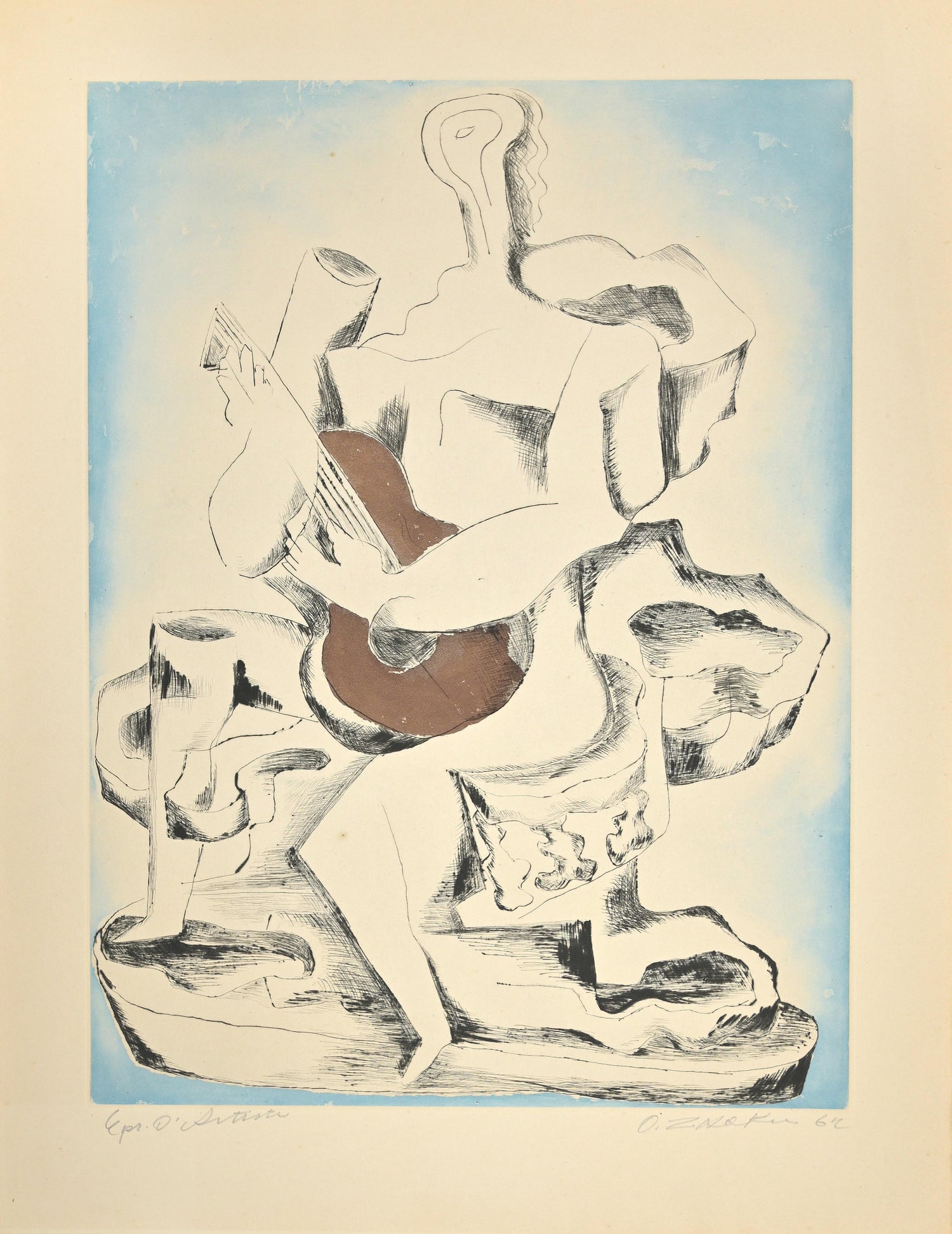 Large Cubist Modernist Color French Lithograph Zadkine Figures La Famille