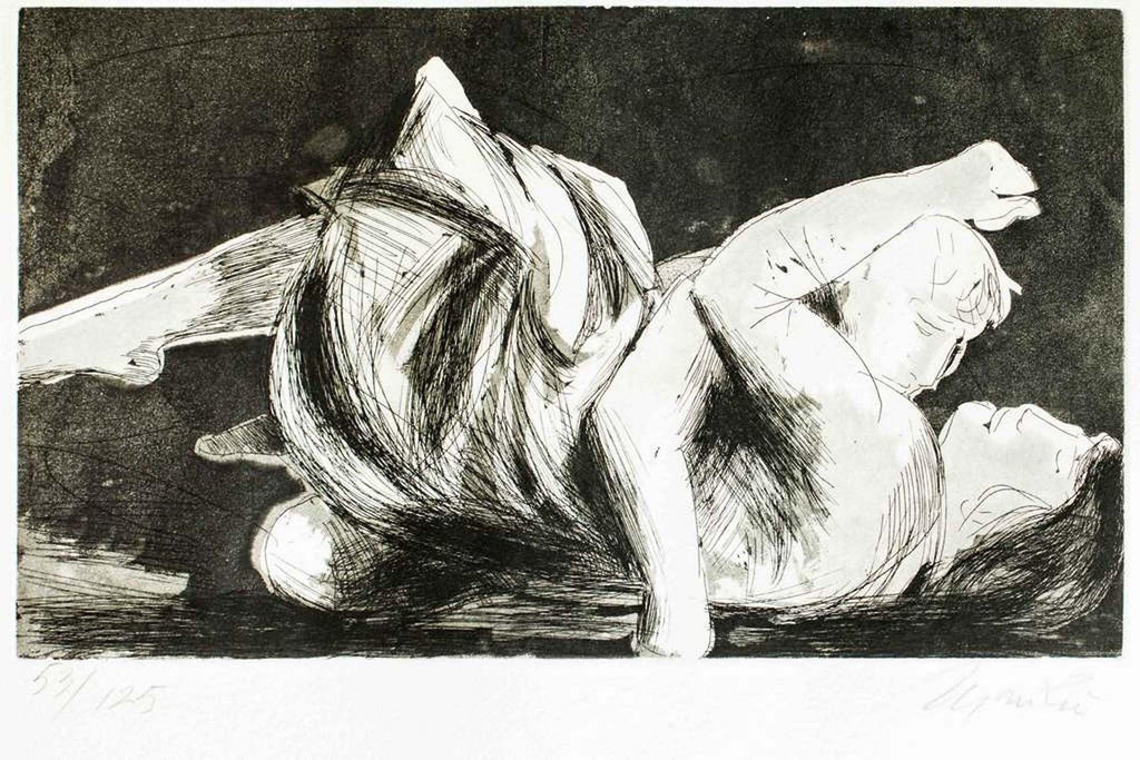 "She Made Him Sleep on her Knees" Etching Israeli Judaica Bezalel School Woman