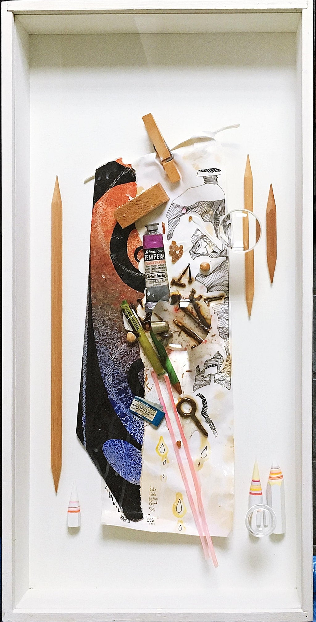Akiko Sugiyama Japanese Calligraphy Painting Collage, 3D Shadow Box Sculpture