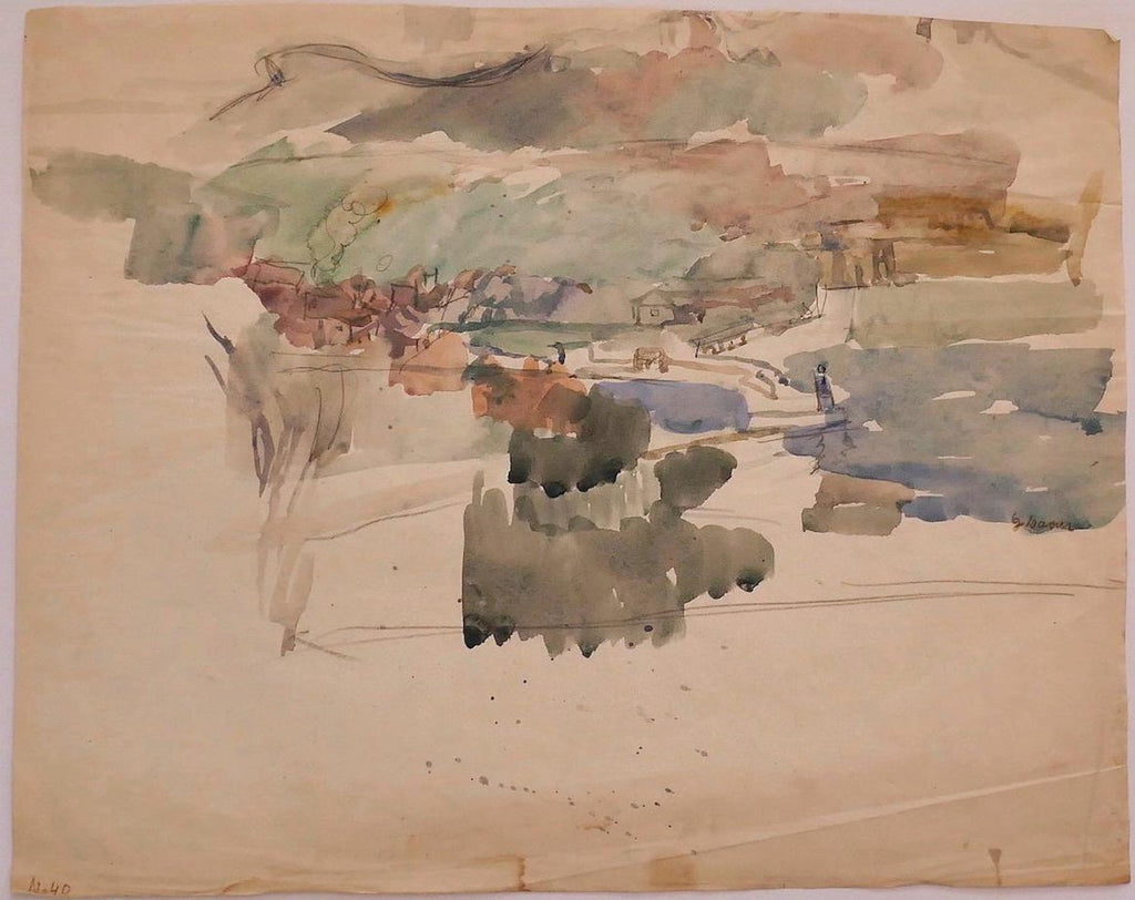 Modernist Landscape 'Portugal' Watercolor Painting