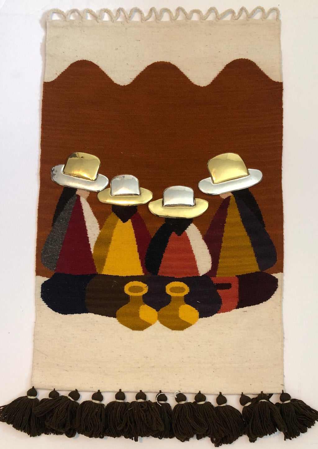 Vintage Handwoven Tapestry Wool, Metal Folk Art Rug Weaving Wall Hanging