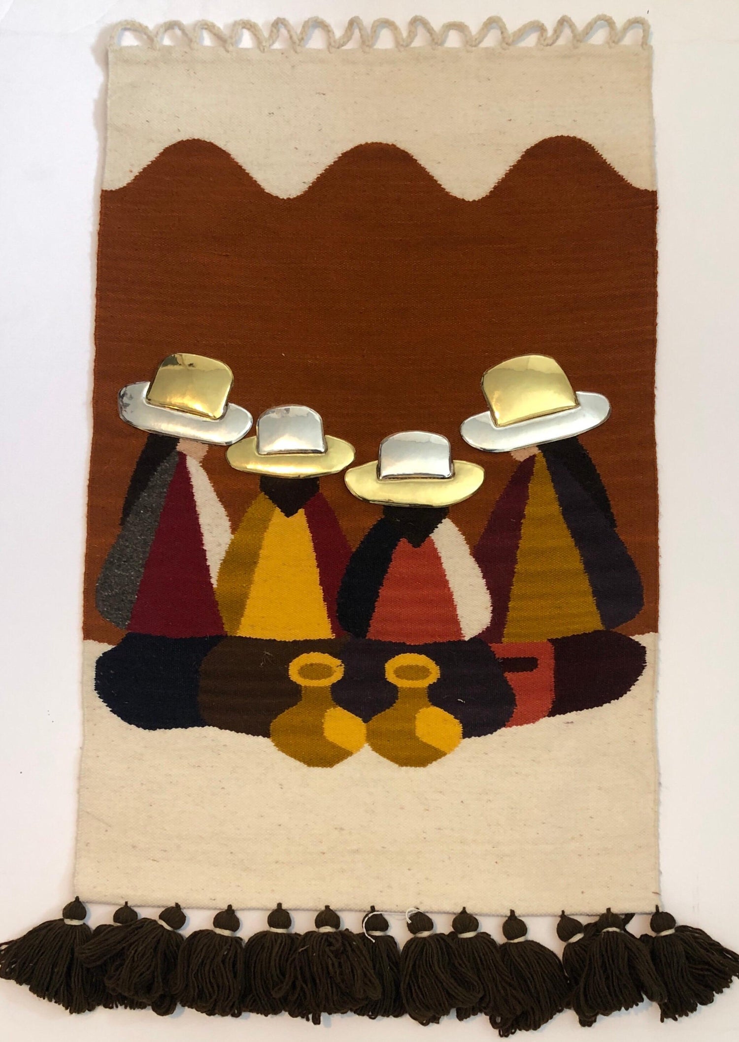 Vintage Handwoven Tapestry Wool, Metal Folk Art Rug Weaving Wall Hanging