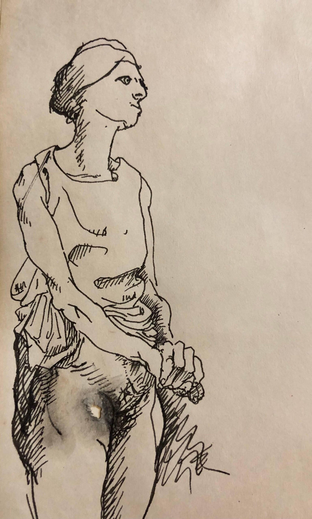 Ink Drawing Man in Suit and Hat with Nude