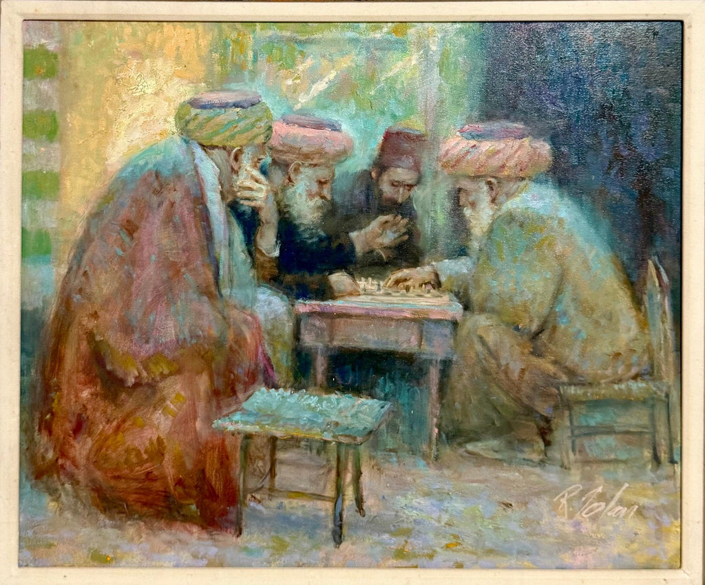 Richard Zolan Impressionist Oil Painting Judaica Sephardic Rabbi Playing Chess
