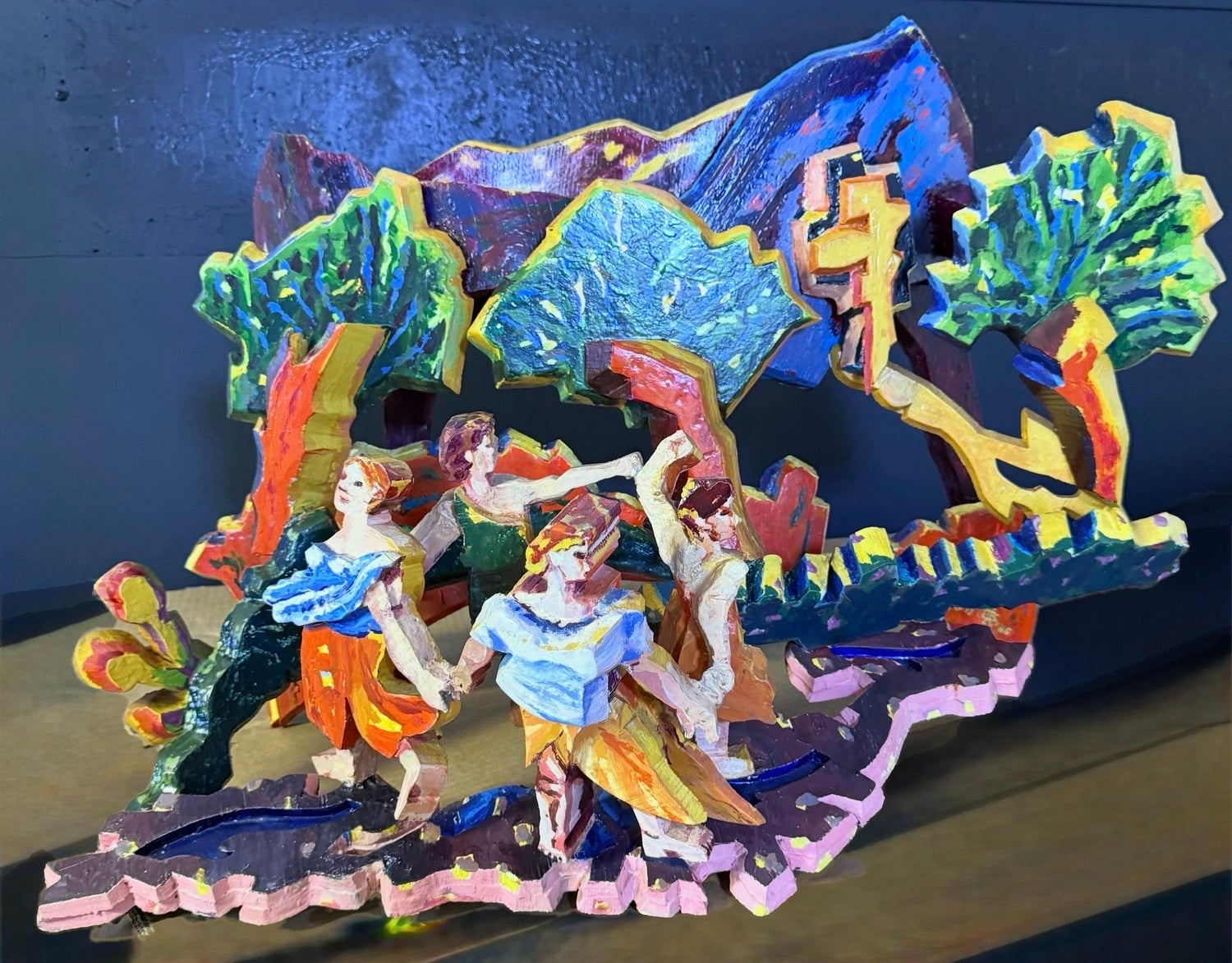 Large 3D Sculpture with Hand Painting Construction Mimi Gross Wood Assemblage