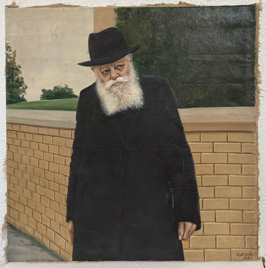 Large Judaica Original Oil Rabbi Painting Lubavitcher Rebbe 770 Chabad, New York