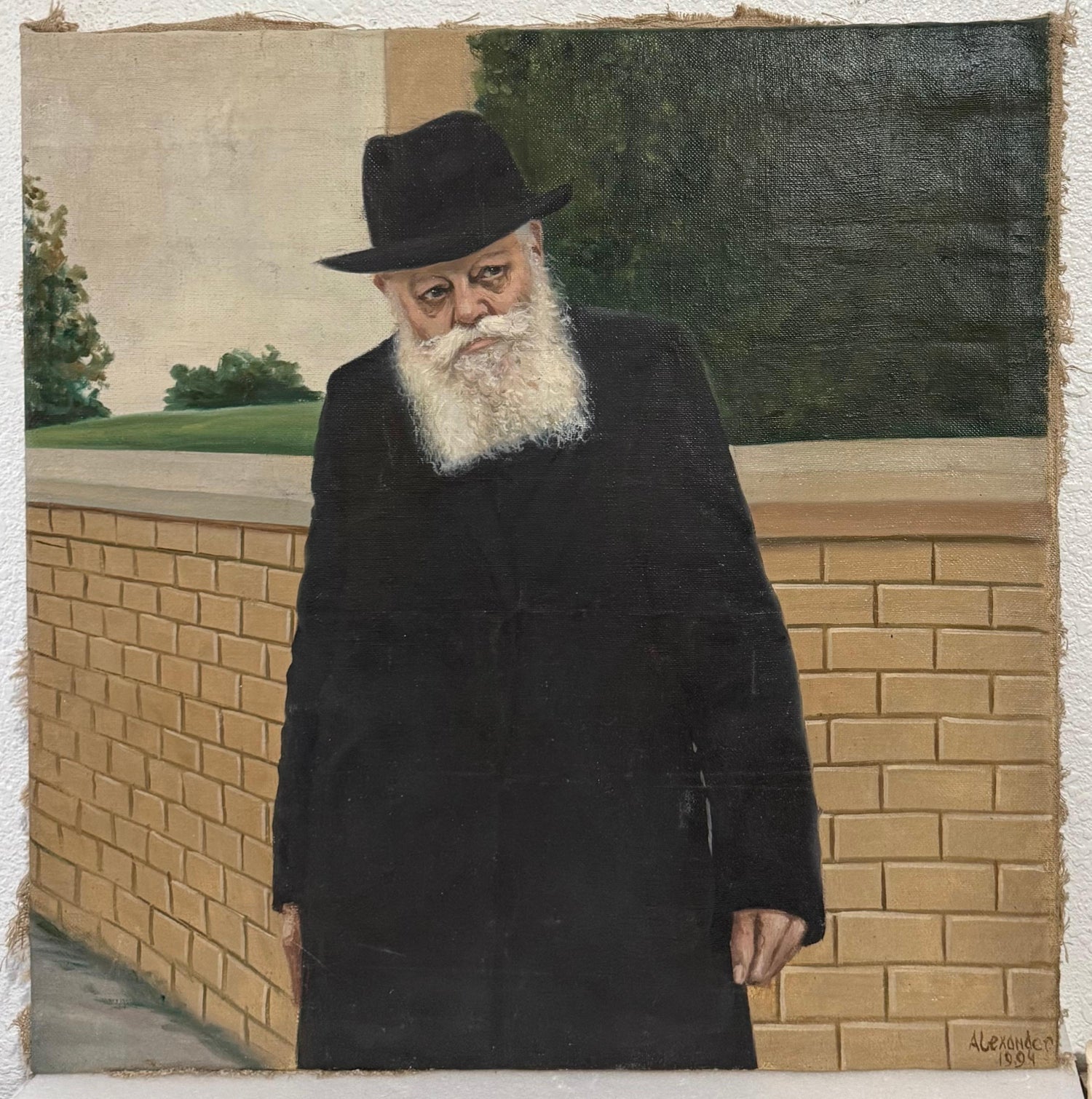 Large Judaica Original Oil Rabbi Painting Lubavitcher Rebbe 770 Chabad, New York
