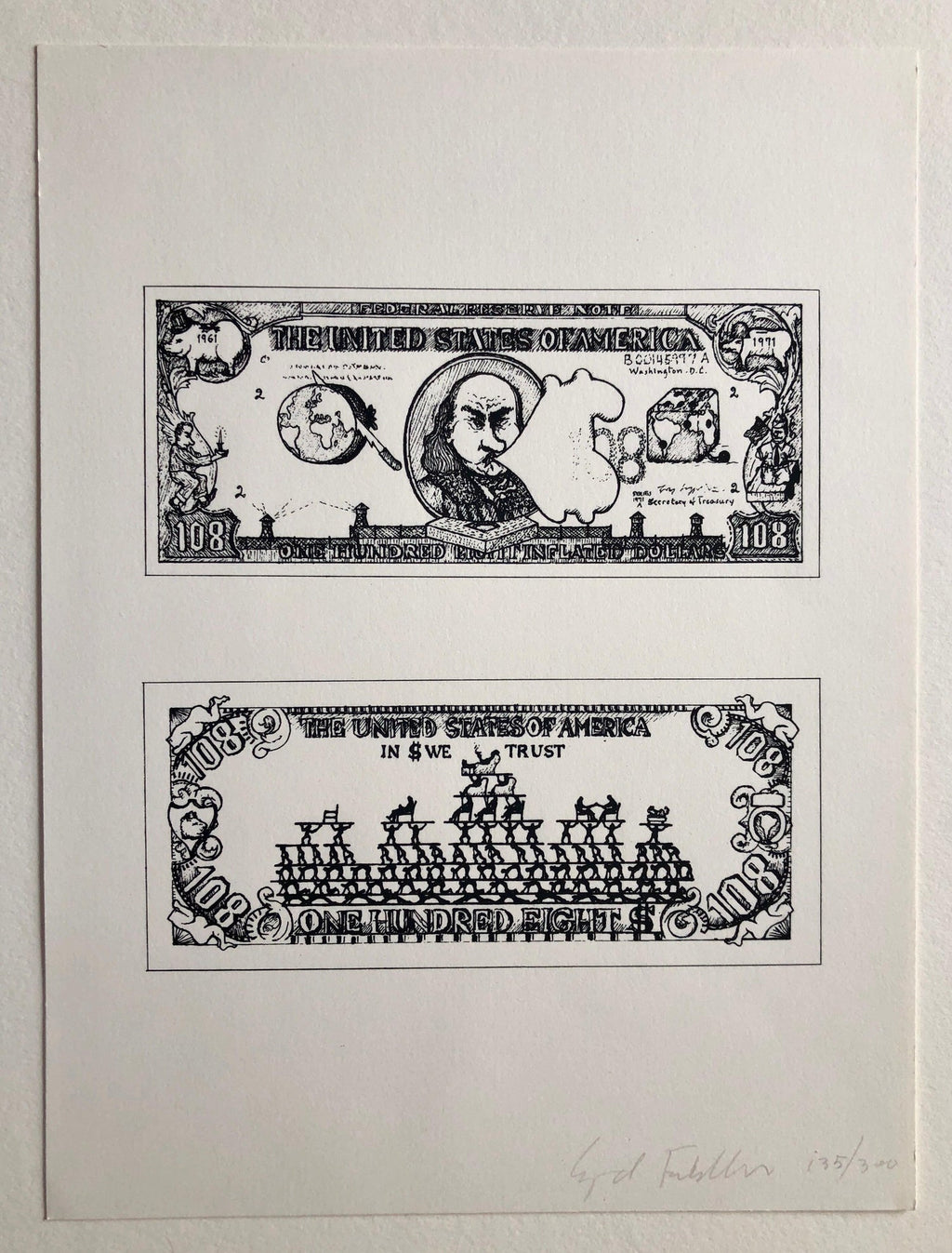 1960's Pop Art Silkscreen Print 108$ Bill Inflation Hand Signed and Numbered