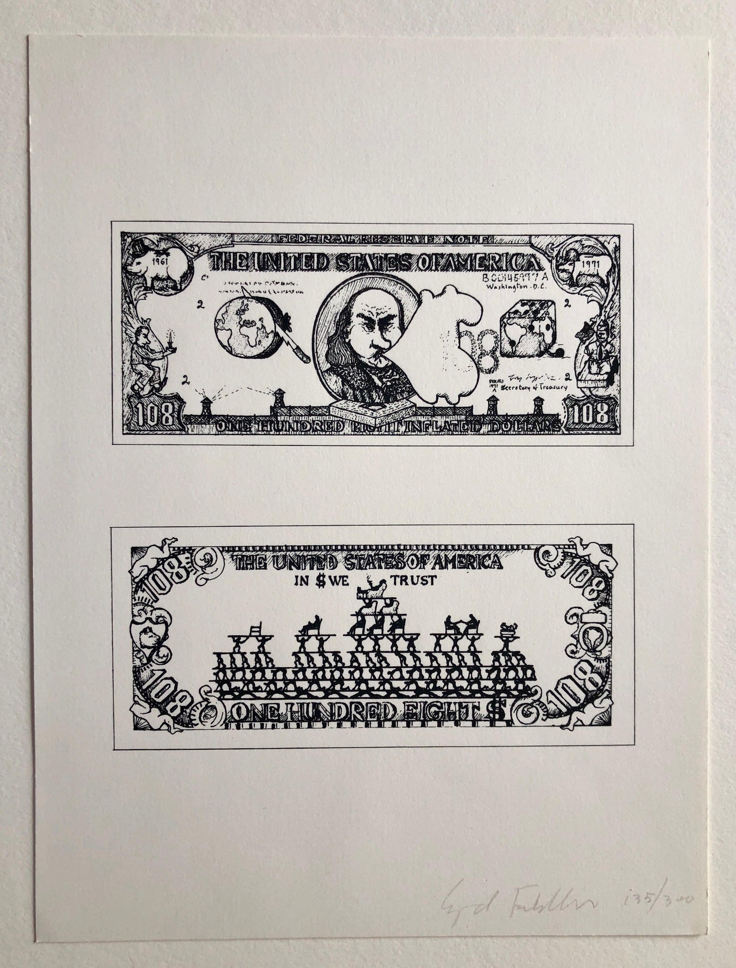 1960's Pop Art Silkscreen Print 108$ Bill Inflation Hand Signed and Numbered