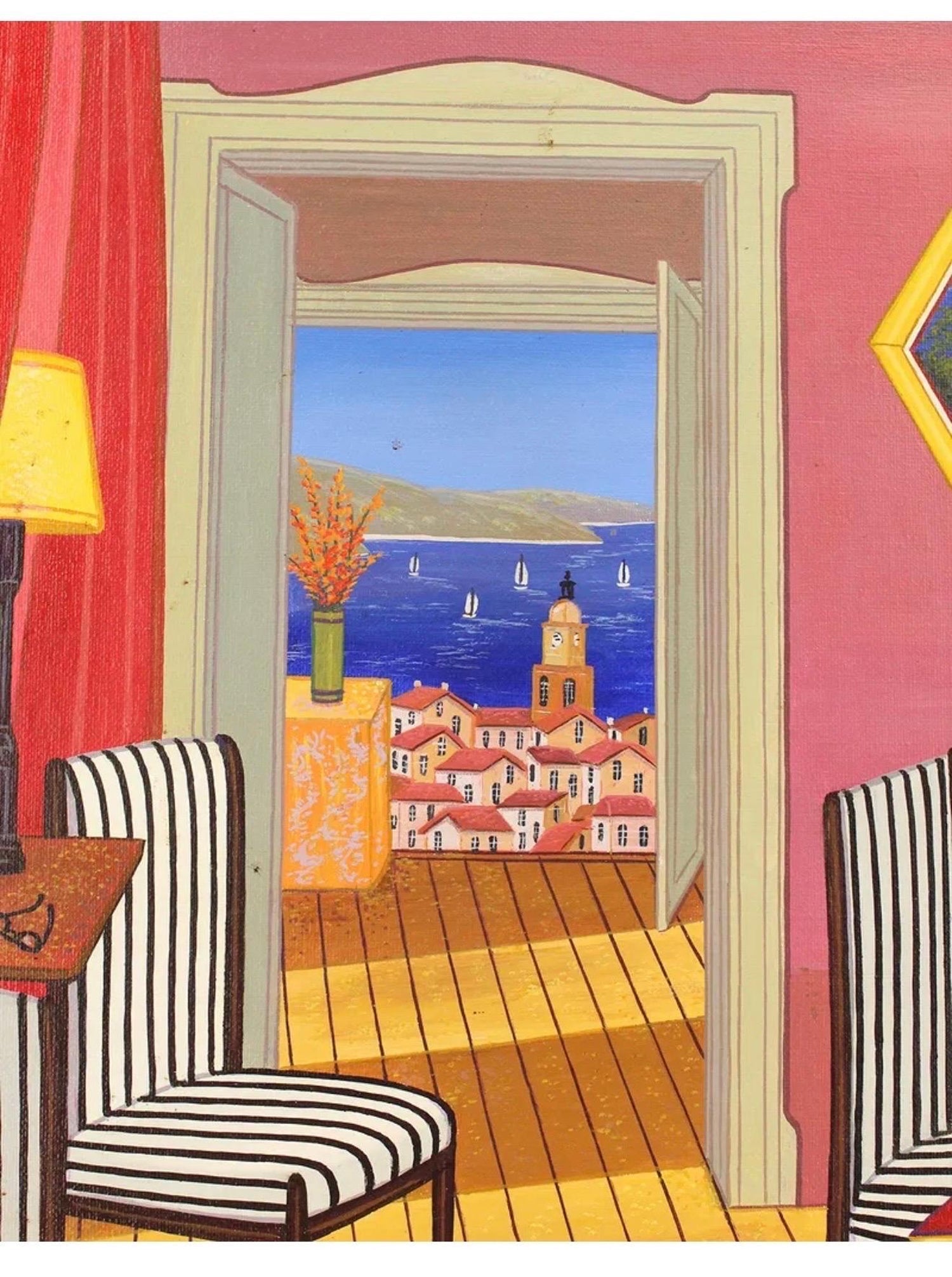Whimsical Naive Mediterranean Seaside Interior Folk Art Oil Painting Fanch Ledan