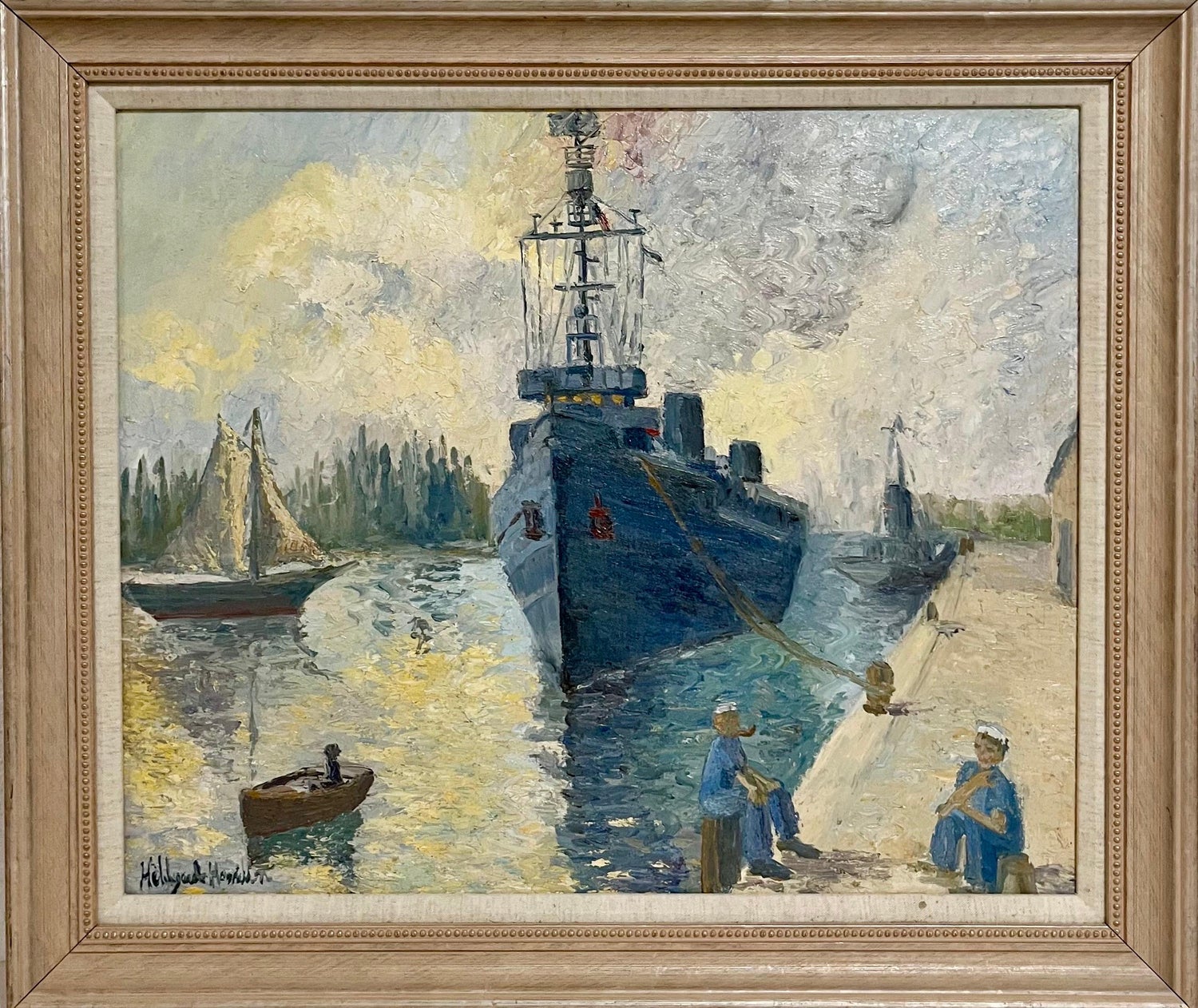 Oil Painting Harbor Scene with Naval Ships Sailors & Boats Hildegarde Hamilton