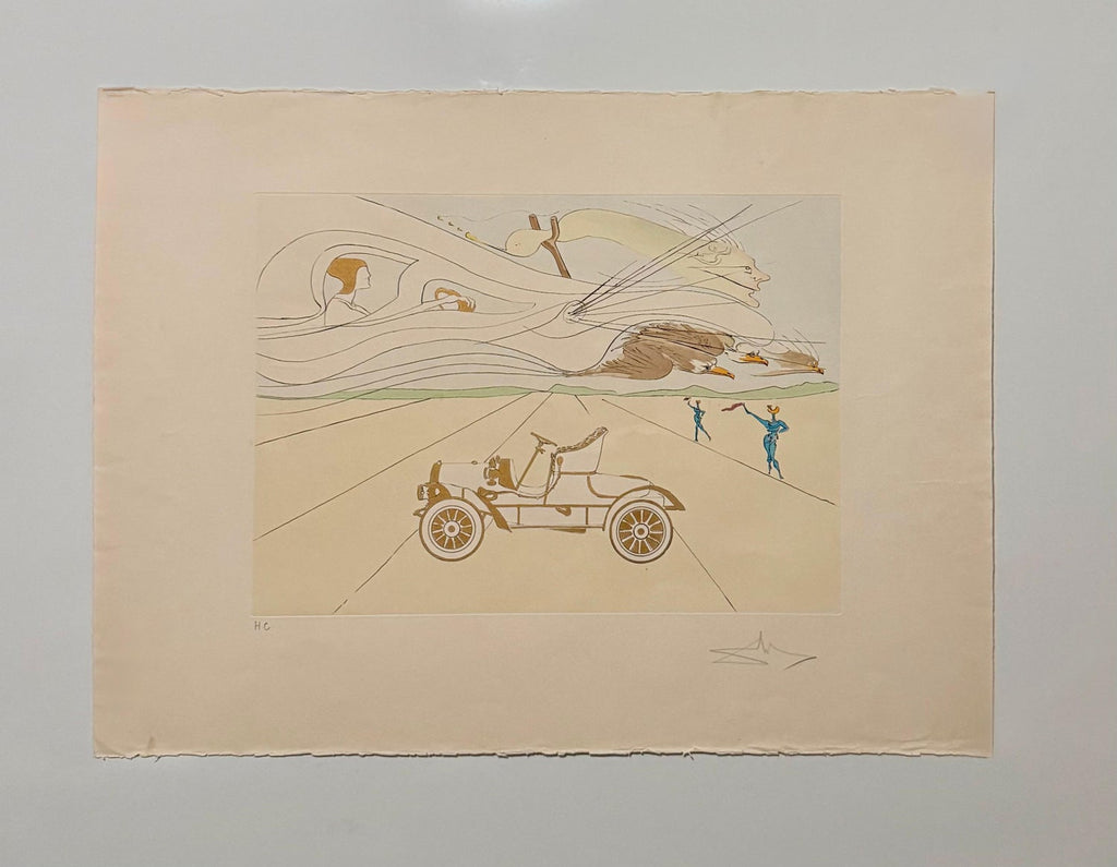 Salvador Dali Surrealist Etching Engraving Pochoir L'Automobile Da Vinci Hommage