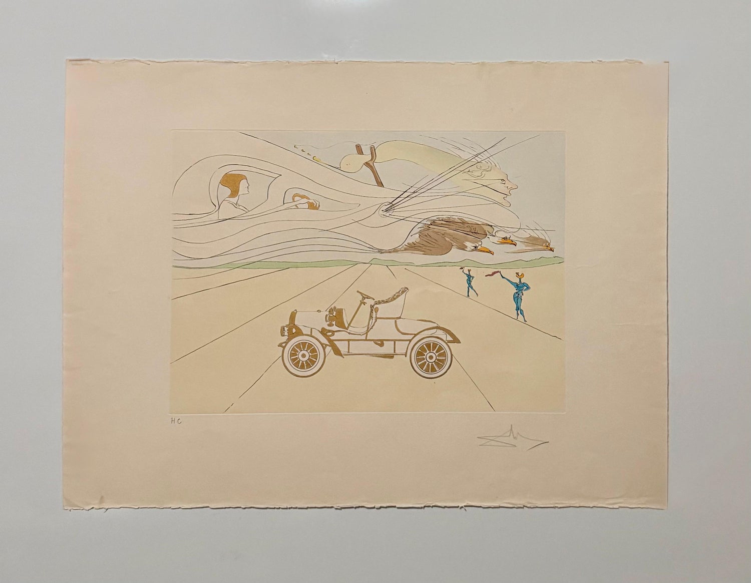 Salvador Dali Surrealist Etching Engraving Pochoir L'Automobile Da Vinci Hommage