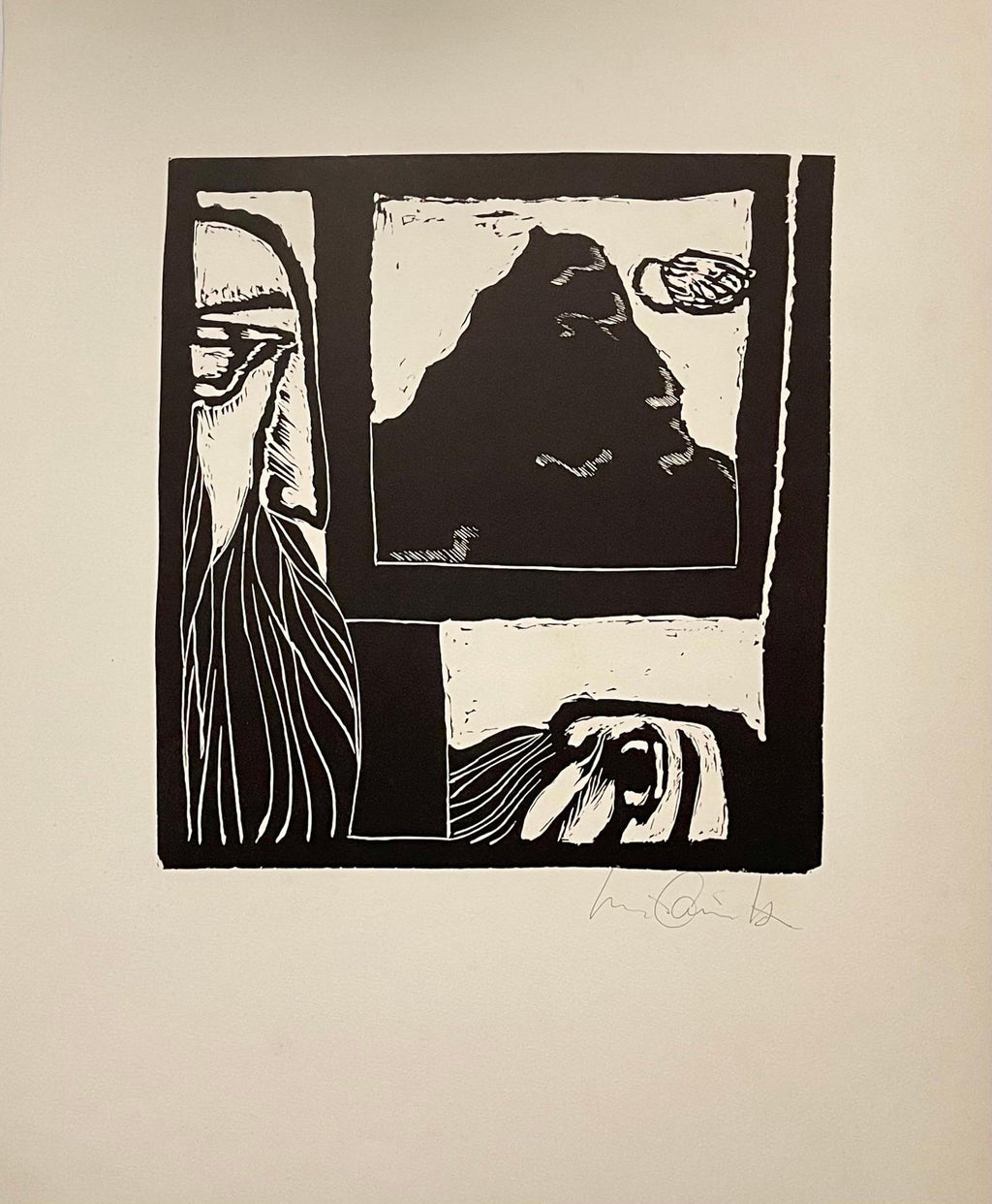 Jewish Rabbi Looking Heavenward German Expressionist Woodcut Israeli "Psalm"