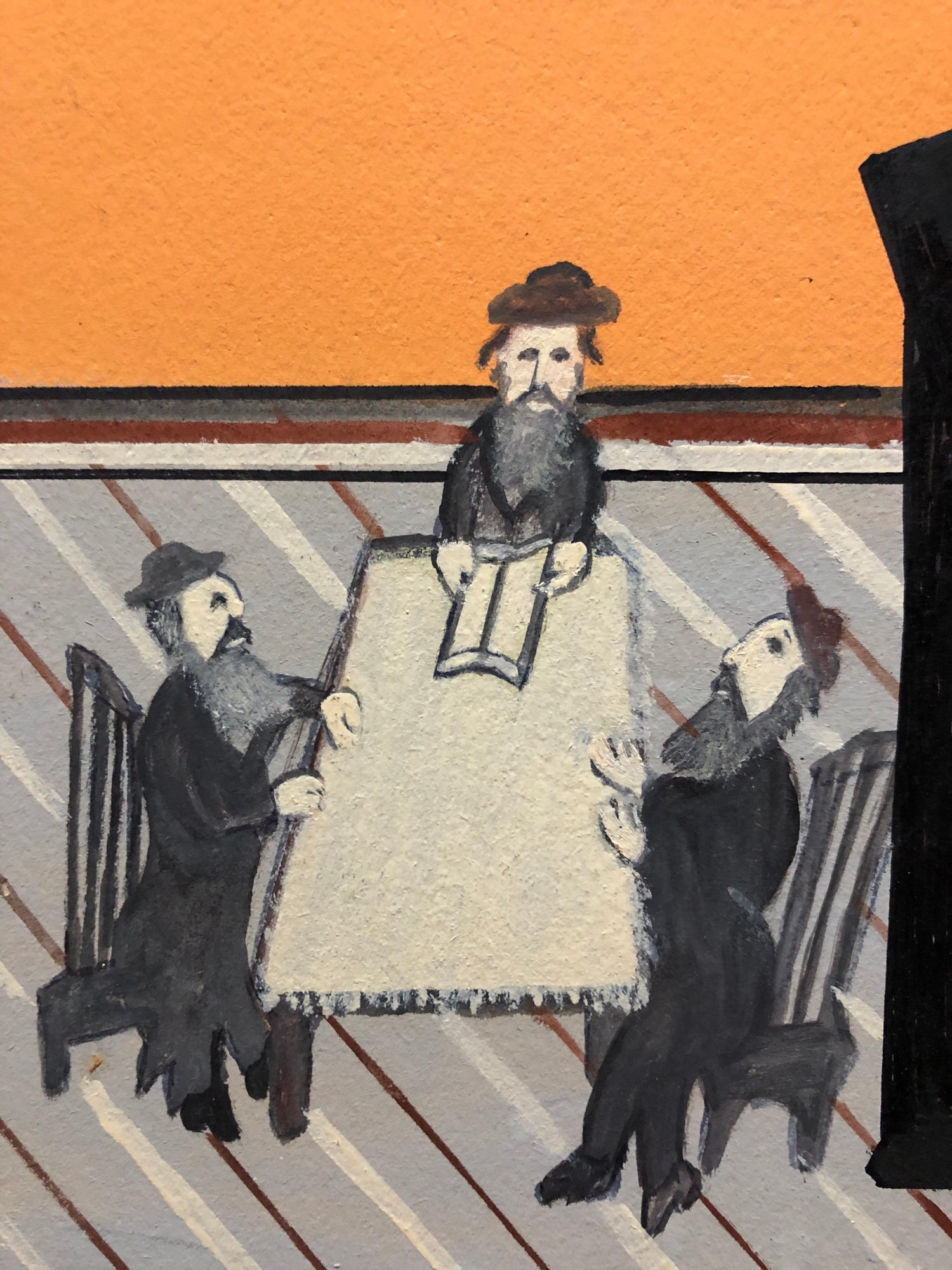 Israeli Judaica Shtetl "The Lesson" Rabbi Studying Scene Naive Art Oil Painting