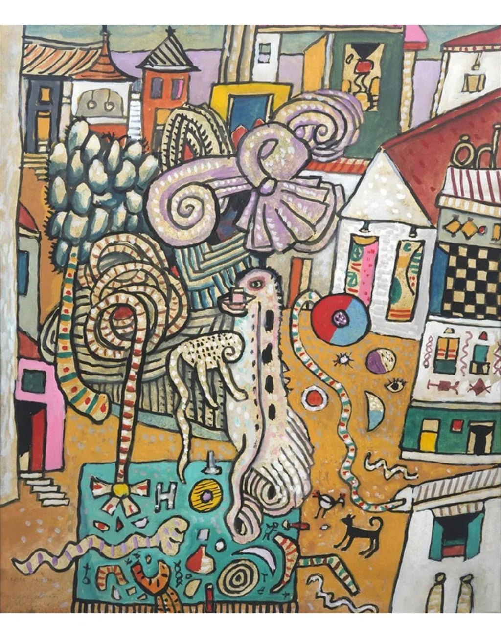 Vibrant Alan Davie Scottish Colorful Surrealist British Pop Art Village Painting